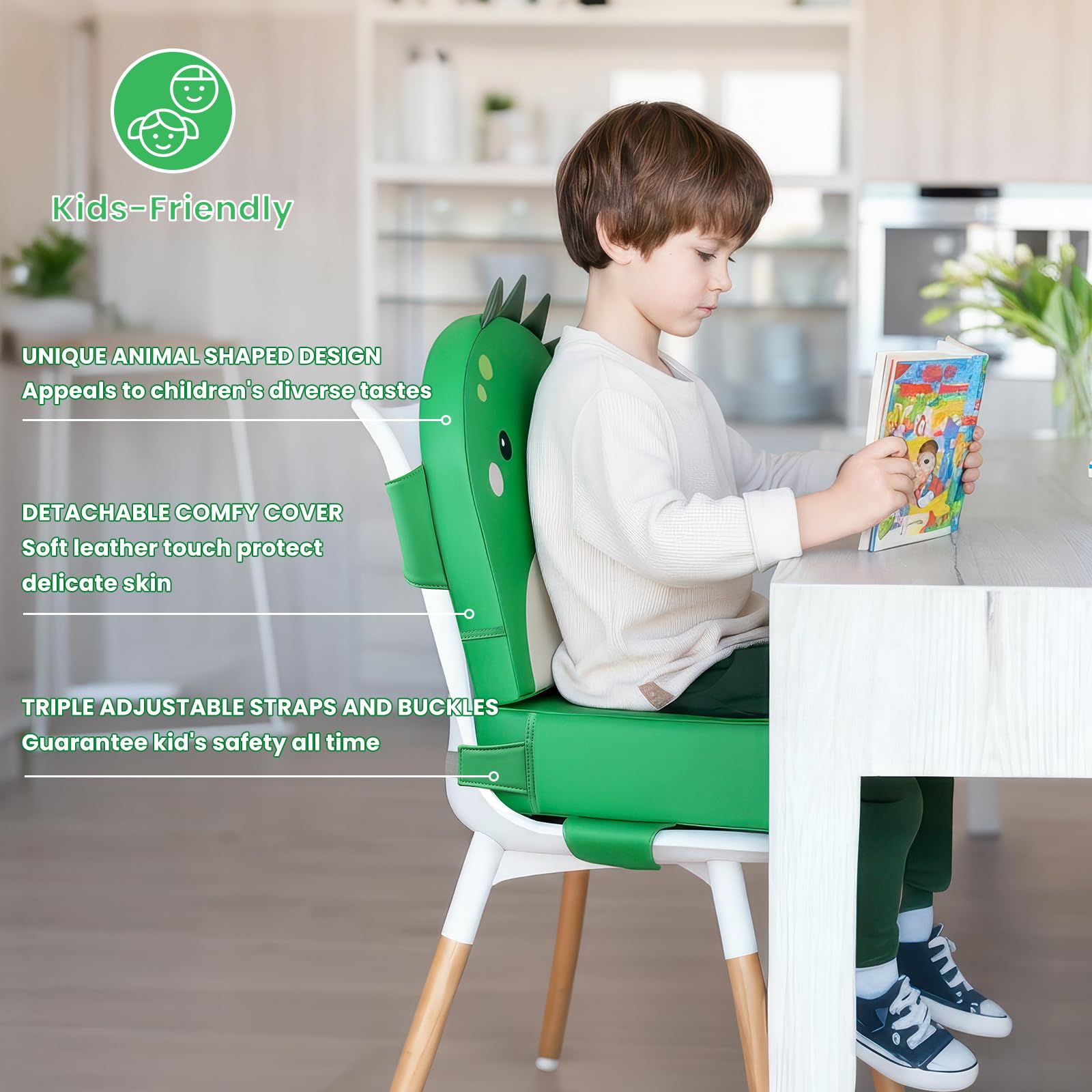 Rialzo Sedia per Bambini 2 Pezzi, 10cm PU Portatile Alzasedia Da Tavolo, Cuscino Sedia, con Cinghie Regolabili per Seggioloni Alza Sedia - Dinosauro Verde