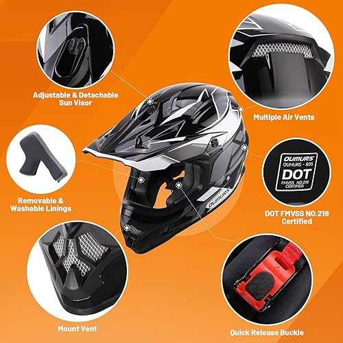 Miniatura 2 de DOT Casco de ATV Dirt Bike para Adultos con Gafas Guantes y Máscara Visera Solar Ajustable Casco de Motocicleta para Adultos Todoterreno Motocross