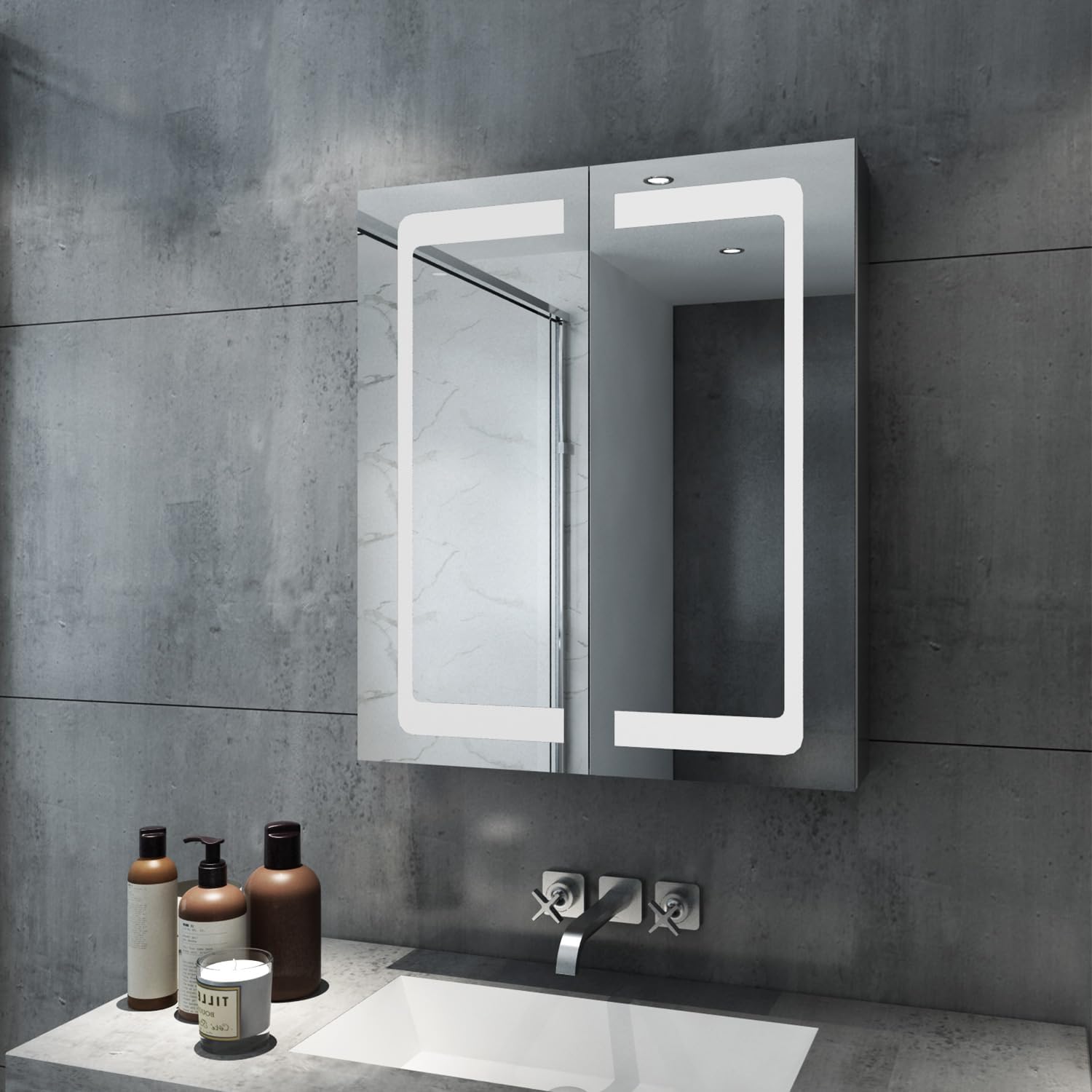 ELEGANT Bathroom Mirror Cabinet with LED Lights, 600 x 700mm Stainless Steel Wall Mounted Storage Cabinet with Demister Pad, Infra-Red Sensor Switch, Adjustable Shelf