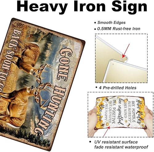 Miniatura 3 de Letrero de metal vintage de 8 x 12 pulgadas, diseño retro de ciervo, con aspecto de óxido que se ha ido cazando pronto para ir a pescar, divertido