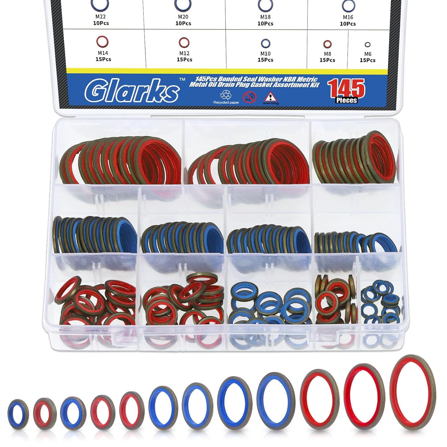 Glarks 145Pcs Sealing Gasket Kit NBR Metric Metal Oil Drain Plug Gasket Assortment Kit Bonded Seal Washer Combination Oil Sealing O-Ring Fit 12 Sizes M6 M8 M10 M12 M14 M16 M18 M20 M22 M24 M27 M30