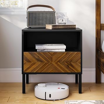 Bme Vivian Side Tables Bedroom, Solid Wood Bed Side Table, Mid Century Modern End Table with Drawer, Herringbone Pattern, Compact for Bedroom & Living Room, Easy Assembly, Chestnut