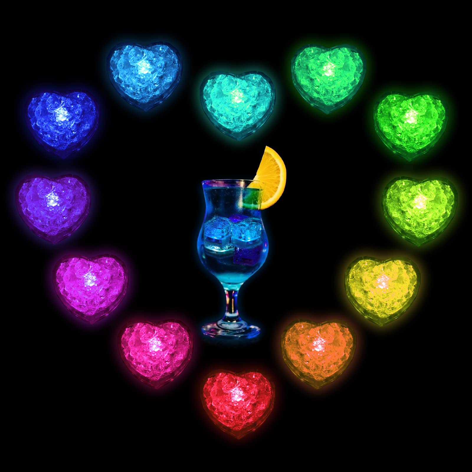 Light Up Ice Cubes, 12 Pack Large Heart Led Ice Cubes for Drinks with Changing Lights, Multicolor Reusable Glowing Flashing Ice Cube for Club Bar Party Wedding Decor