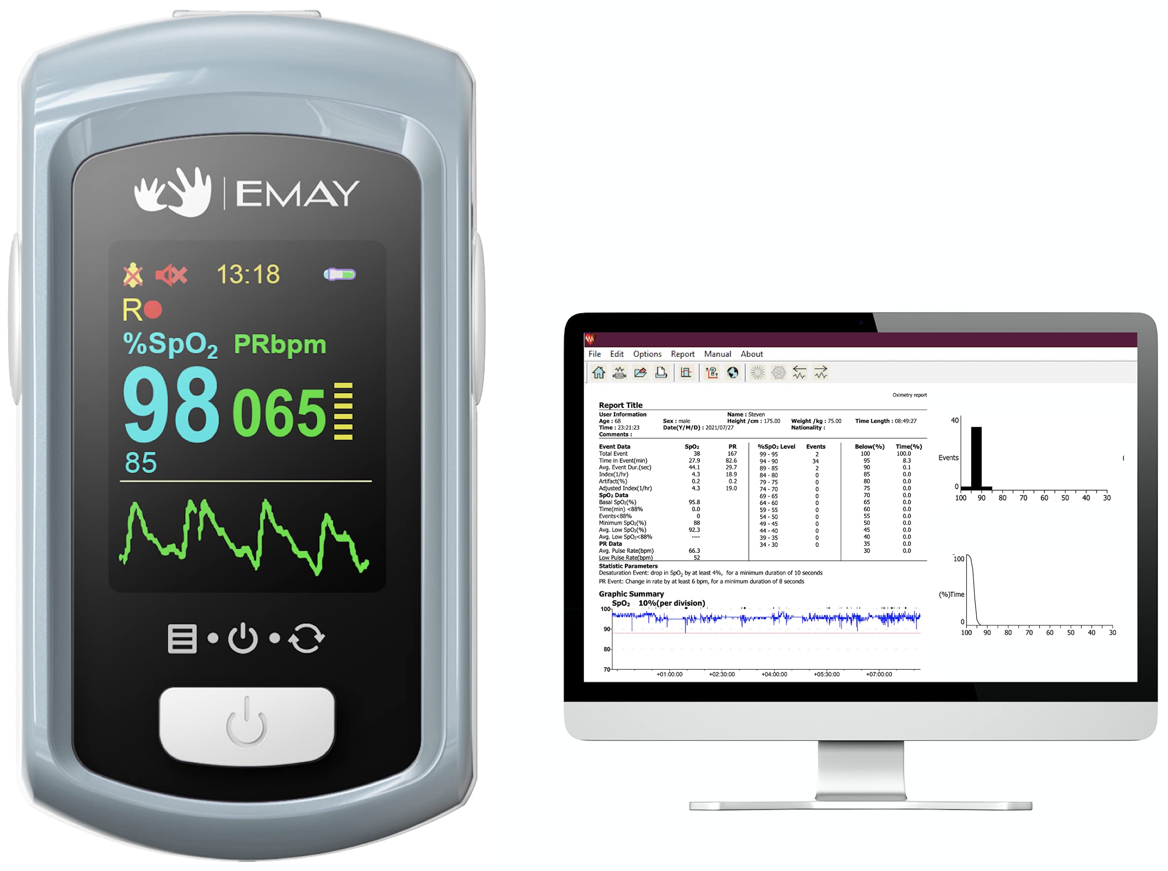 EMAY Sleep Oxygen Saturation Monitor | Records Oxygen & Heart Rate Continuously | Provides Granular Data, Overnight Report and CSV File | Comes with iOS/Android App