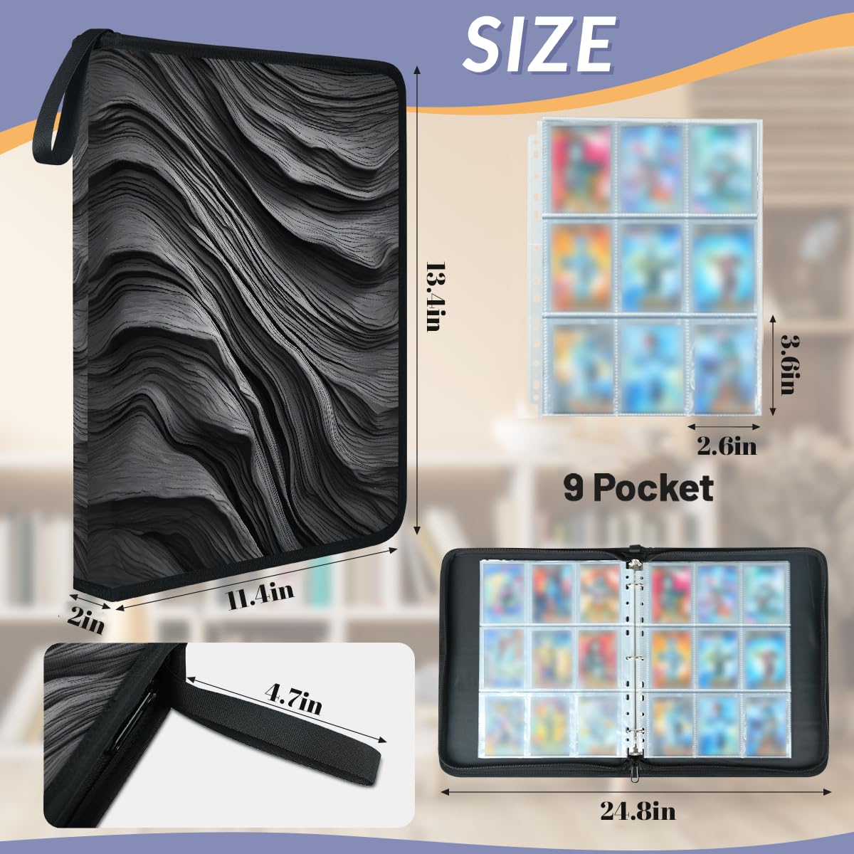 Raccoglitore per carte con 9 tasche, 900 tasche, con chiusura a cerniera (colore nero)