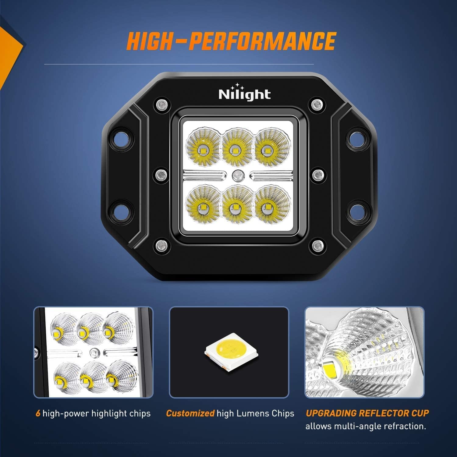 Nilight LED Pods 4PCS 18W Flood Flush Mount LED Work Light Driving Lights Led Light Bar Off Road Fog Lights for Jeep Truck Tacoma Bumper ATV UTV