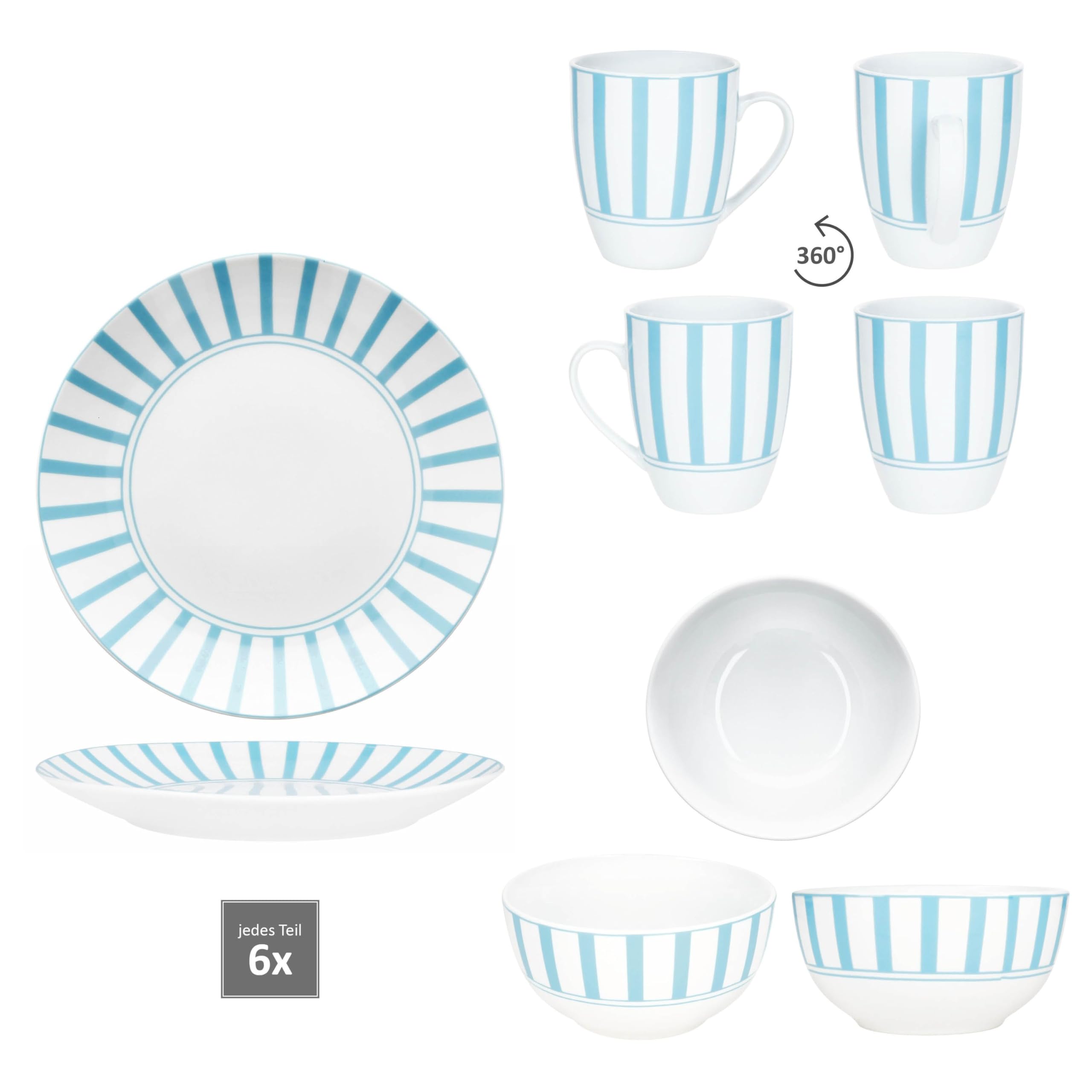 MamboCat Split turkusowy 18-częściowy zestaw śniadaniowy, 6 talerzy do ciasta, miseczek na musli 400 ml i kubki do kawy 300 ml z porcelany, dla 6 osób, dekoracja w paski w kolorze turkusowym