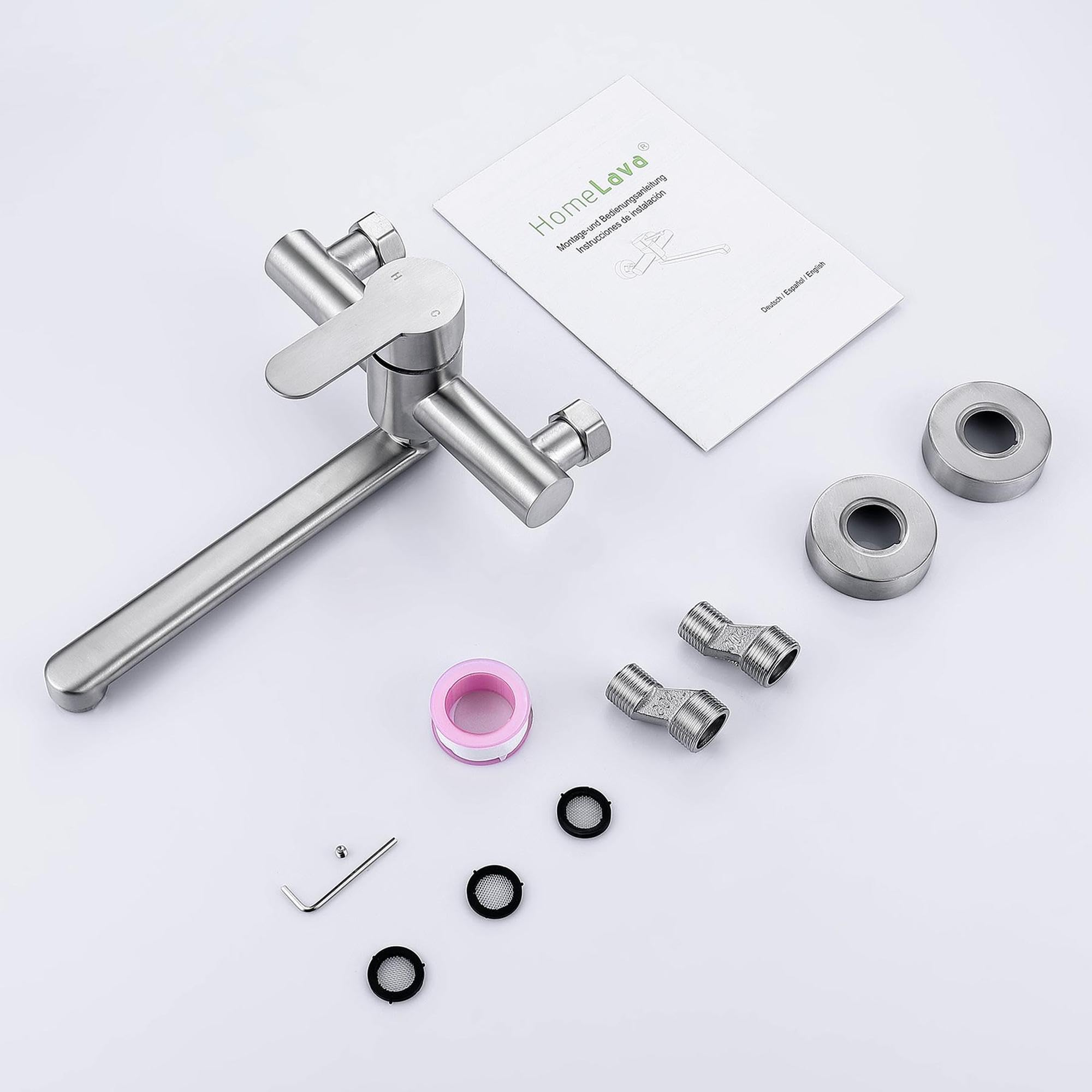 HomeLava Grifo Cocina de Pared con 30cm Caño Largo Giratorio, Giratorio 360°, Grifo de Cocina Fría y Caliente de Acero Inoxidable 304 para Fregadero, Cepillado