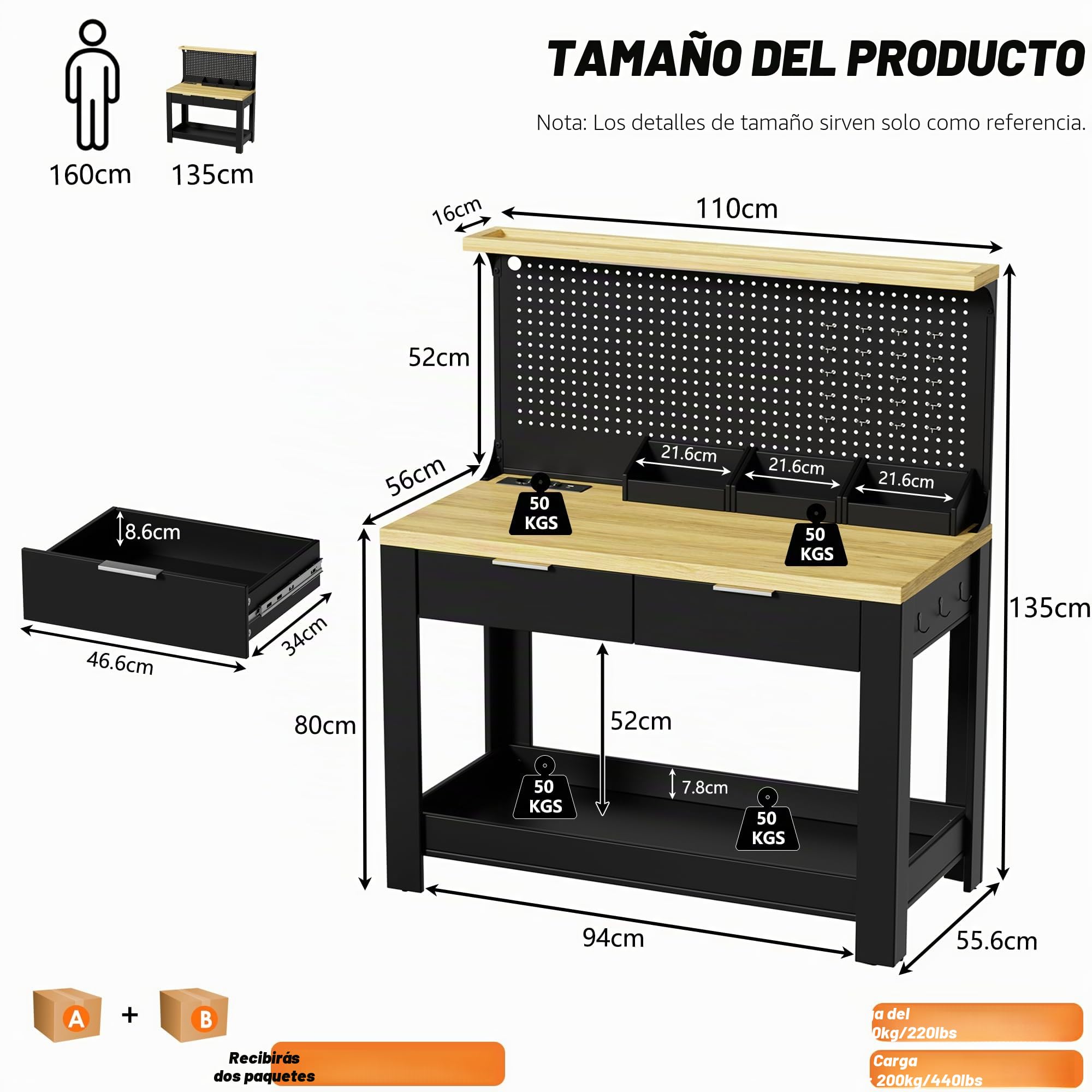 Banco de Trabajo Profesional Banco de Herramientas con LED y Toma de Corriente Mesa de Trabajo con 2 Cajones y Panel de Ganchos Mesa de Banco de Trabajo para Hogar Taller Garaje, Capacidad Carga 200KG