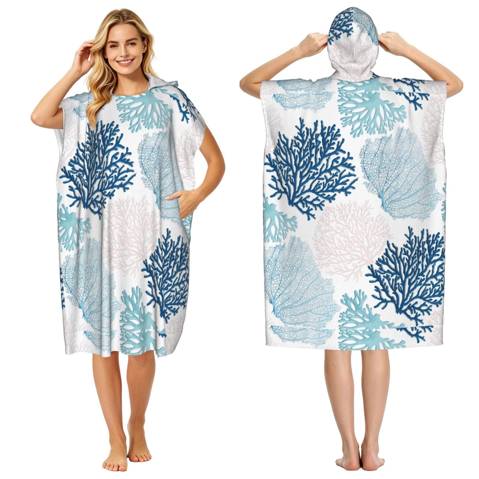 Poadnly Blue Coral Nautical Teal Sea Coral, Adult Hooded Beach Towel 90 x 110 cm,Changing Bath Robe, Surf Poncho Towel For Women Men