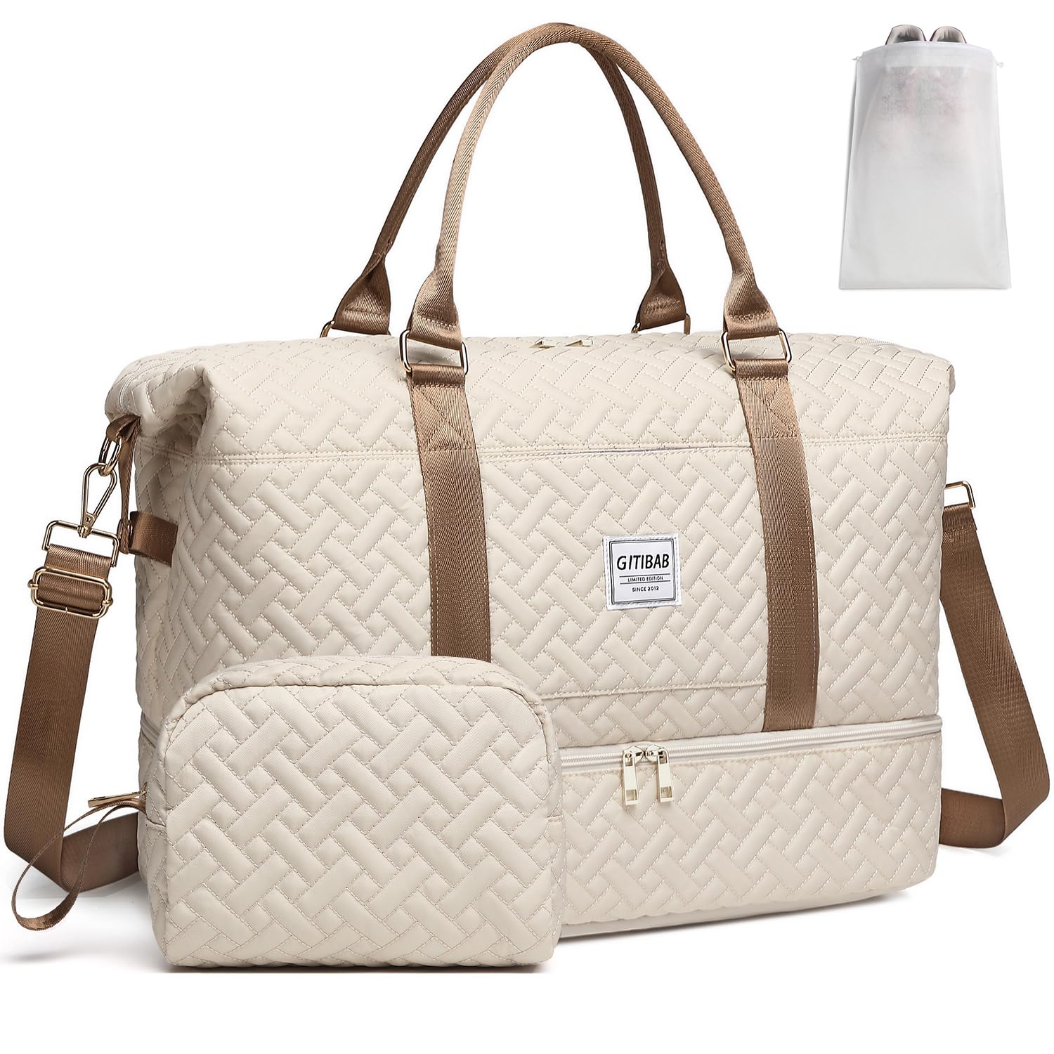 Duffle Bags for women,50L Quilted Travel Weekender Bag with Shoe Compartment, Large Carry On Overnight Tote Gym Bag