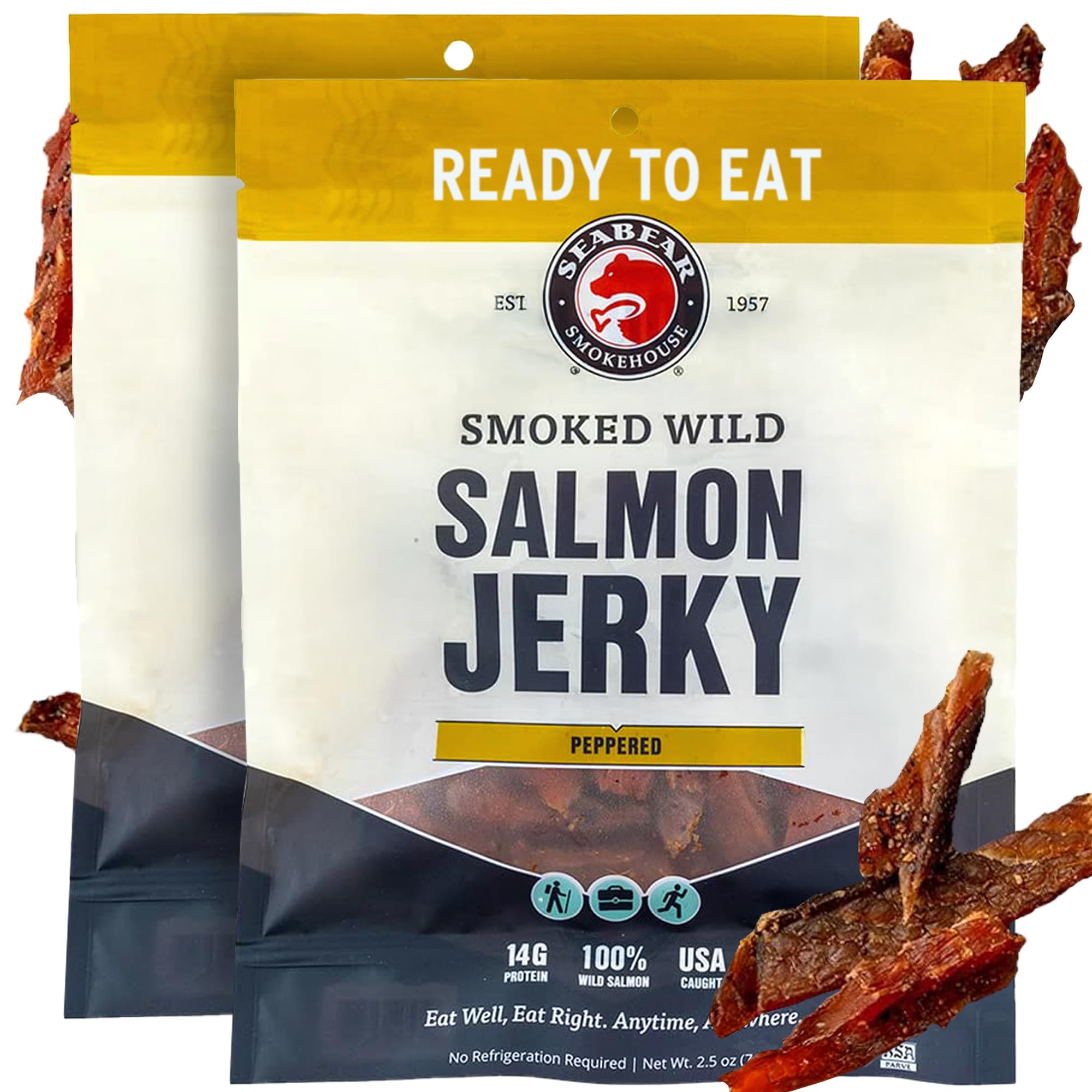 SeaBear - Smoked Wild Alaskan King Salmon Jerky - 2.25 oz (Peppered, 2 Pack)