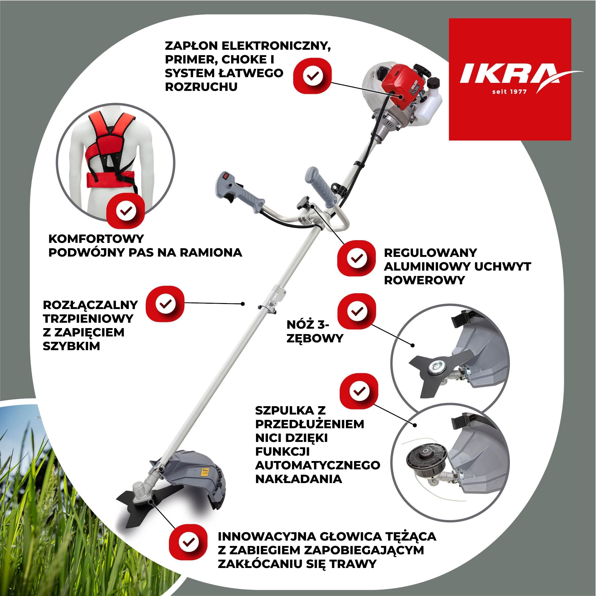 IKRA Podkaszarka spalinowa IBF 43 szeroki zestaw akcesoriów 42,7cm³ 1,1 kW | Kompletny zestaw: nóż 3-zębny, szpula, osłona, pas Profi, silnik 2-suwowy, Easy Start i uchwyt rowerowy