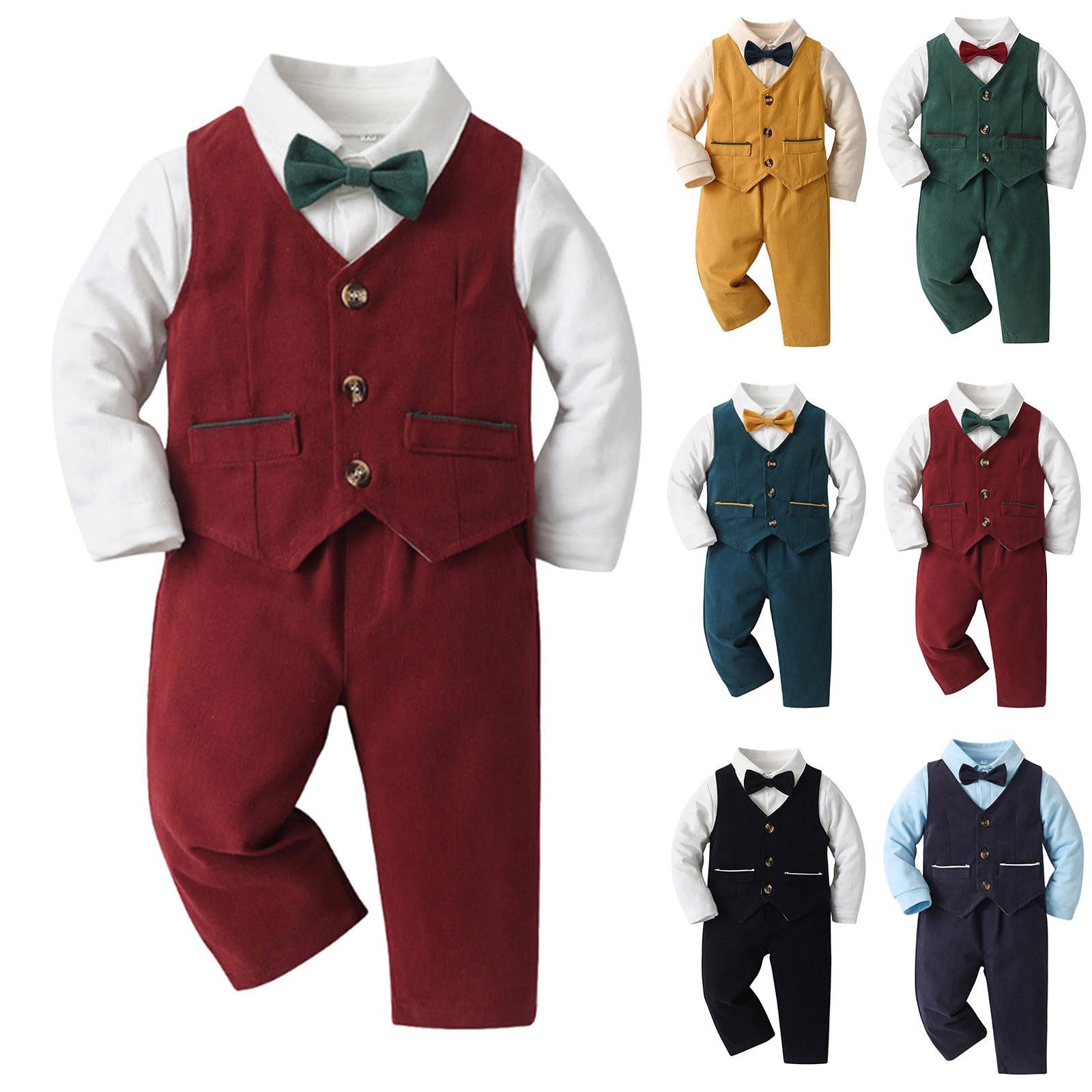 WWricotta Camicia a Maniche Lunghe da Bambino per Neonato, Pagliaccetto, Tuta, Pantaloni, Cappotto con Cravatta, 4 Pezzi, Abiti da Gentiluomo per Bambini