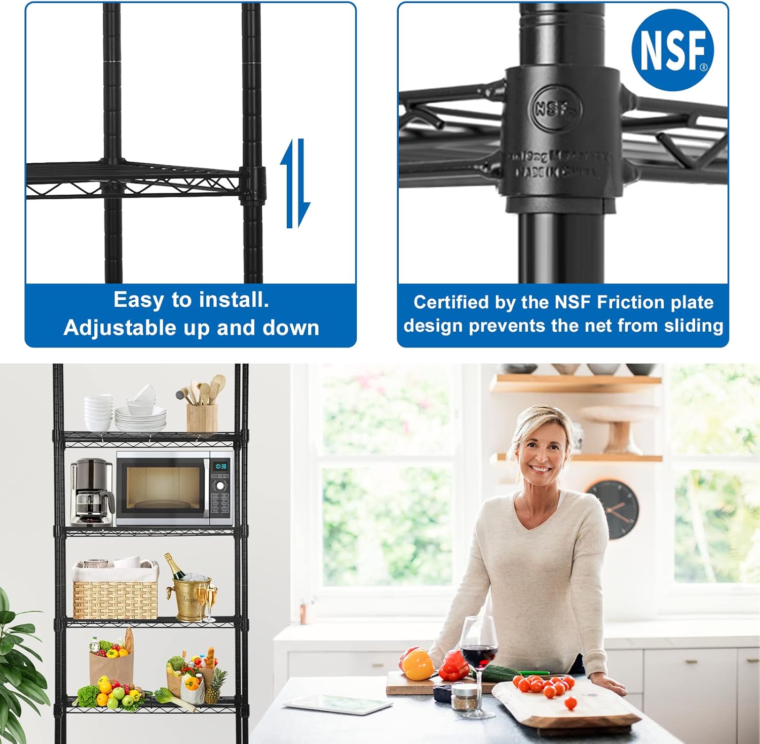 NSF 6-Tier Commercial Shelving - 23" L x 13" W x 59" H Heavy Duty Metal Shelves, 900lb Adjustable Wire Shelves for Garage/Pantry/Kitchen (Black)