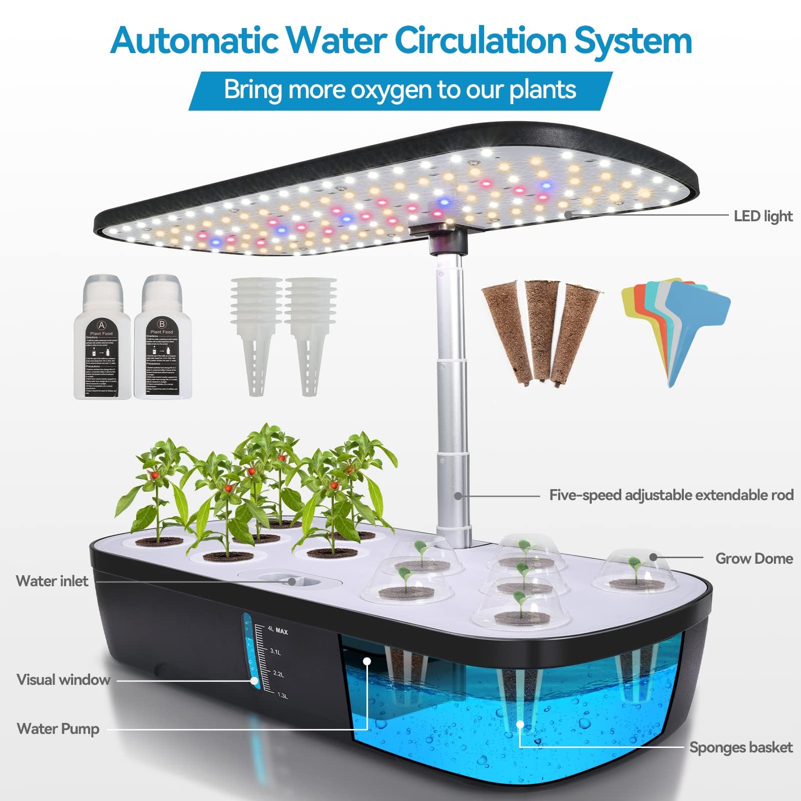 YU YUSING Kit de Culture Hydroponique d'Intérieur, 12 Dosettes Jardin d'Plant avec Lampe Culture LED, Potager Interieur, Hauteur Réglable, Pompe Silencieux, Minuterie Intelligente, Réservoir d'eau 4L