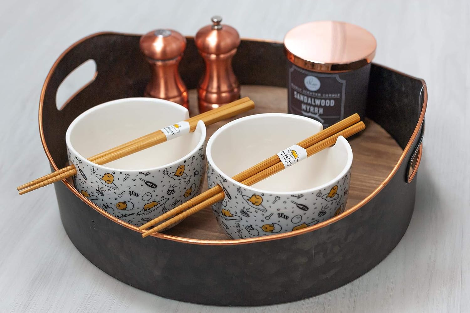 Gudetama Bowl & Chopstick Set - Includes 2 Ceramic Ramen or Rice Bowls & Wooden Chopsticks With Cute Sanrio Lazy Egg Design