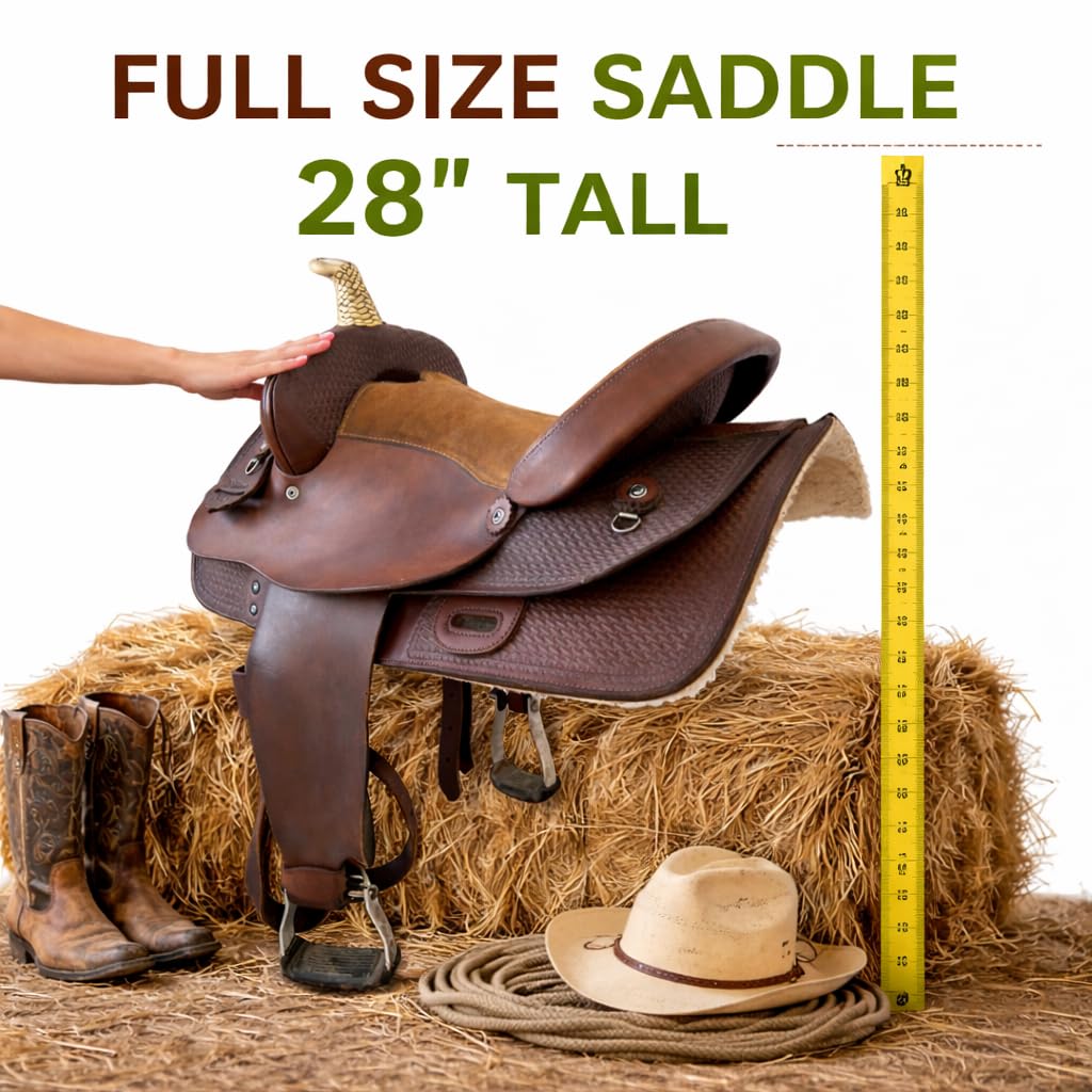 HAMS Silla de Montar Western, Cuero Genuino, Asiento Acolchado de Ante, Diseño Artesanal, Estribos Ajustables para Equitación