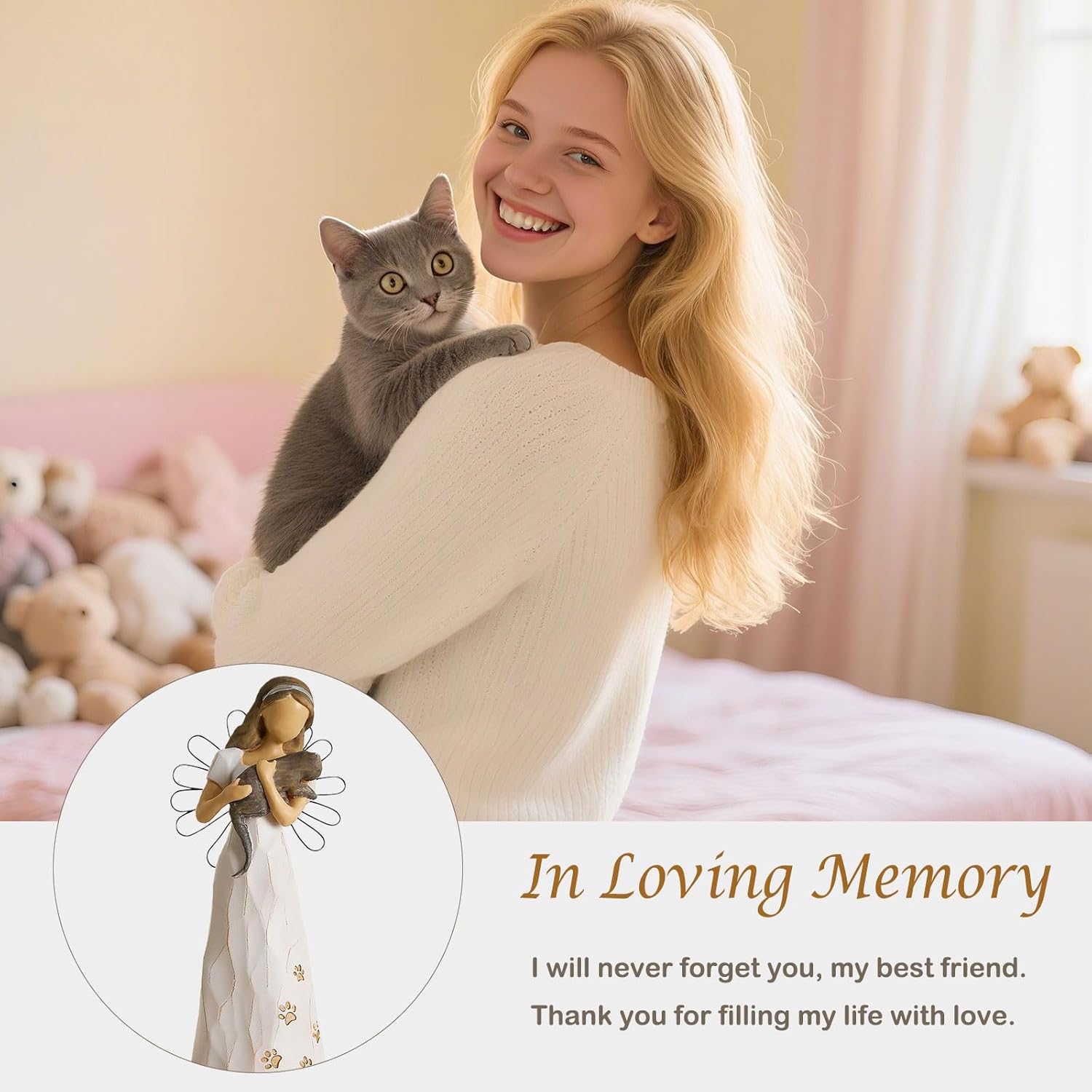 NAN ZAI NAN FANG Cat Angel Memorial Statue of Friendship Gift for Cat Lover Women 6.7" Pet Loss Sympathy Remembrance Bereavement Gifts Resin Sculpted Hand-Painted Figure