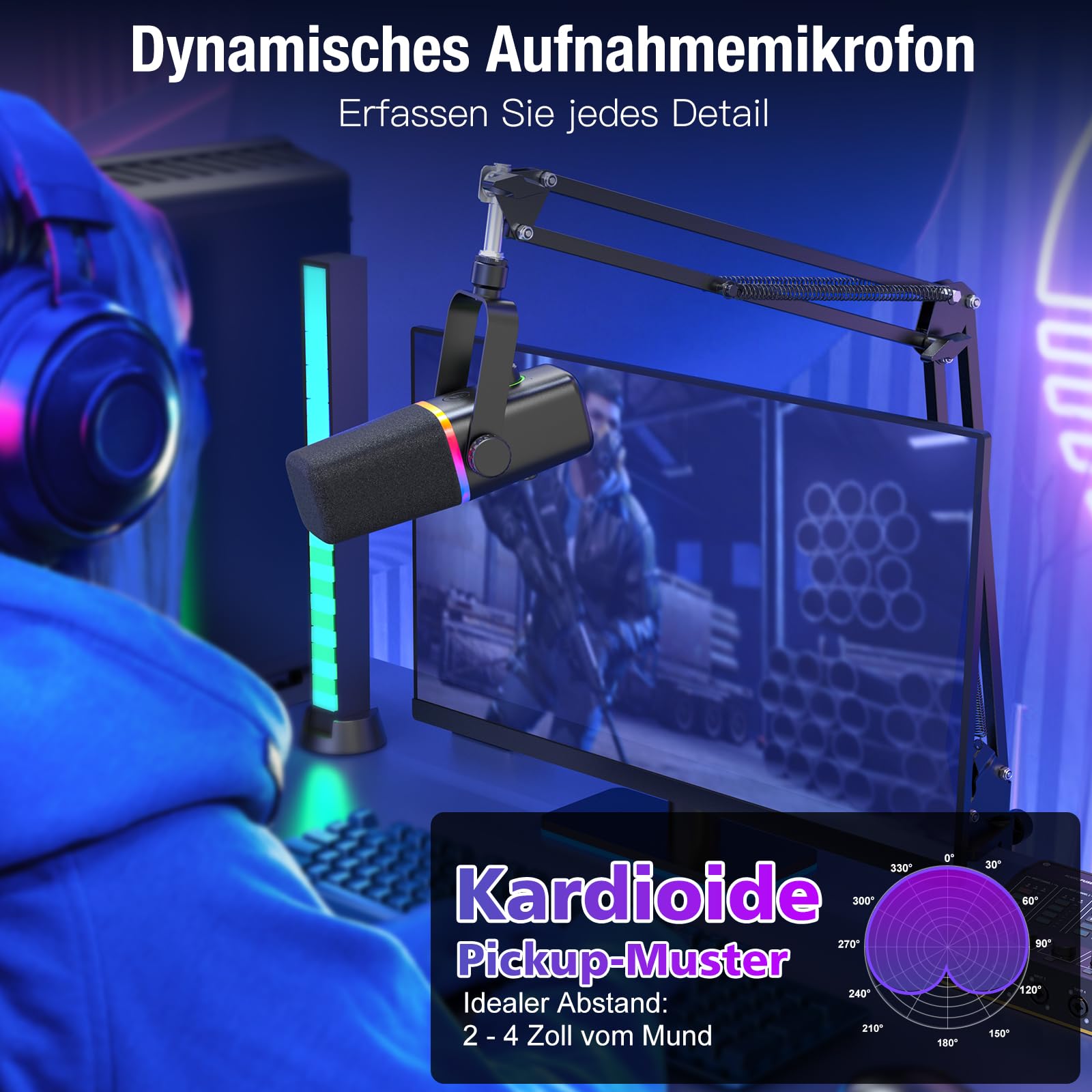 zealsound Dynamisches Gaming Mikrofon mit Arm, XLR/USB Mikrofon, KD8S | Mit Stummschaltung, Gain-Regler, USB-C & Lightning Adapter, Kompatibel mit PC, Handy & Soundkarten, für Podcast & aufnahmen