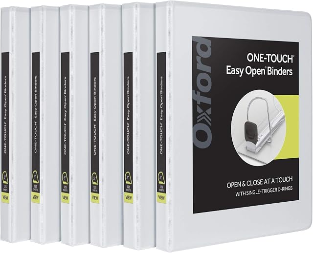Oxford 3 Ring Binders, 0.5 inch ONE-Touch Easy Open D Rings, Durable Binders for School and Office, View Binder Covers, Xtralife Hinge, Non-Stick, PVC-Free, White, Holds 125 Sheets, 6 PK (79902)