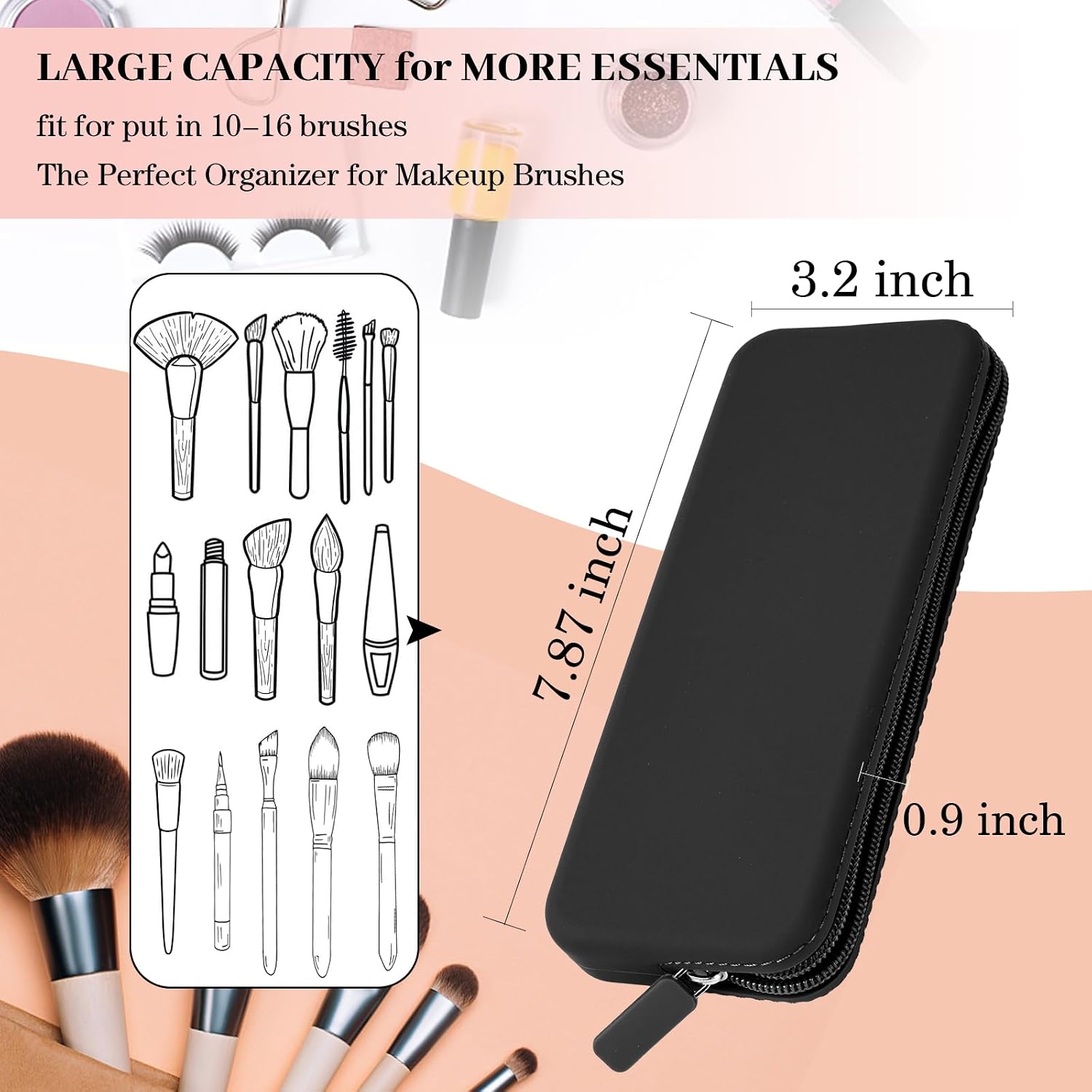 Sakolla Travel Makeup Brush Holder, Silicone Makeup Brush Bag with Zipper Closure, Makeup Brushes Organizer Case Washable Makeup Pouch Holder Case for Daily, Work, Essentials（Black）