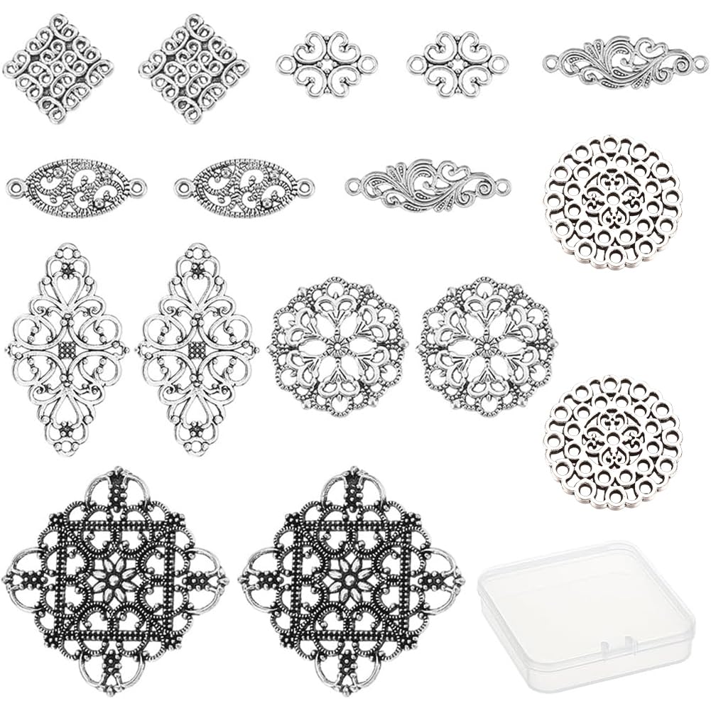 SUNNYCLUE 1 Box 8 Styles Vintage Filigree Joiners Connectors Charms Tibetan Flower Flat Round Oval Rectangle Links Pendants for Women DIY Earrings Necklace Bracelet Making, Antique Silver โ image 1