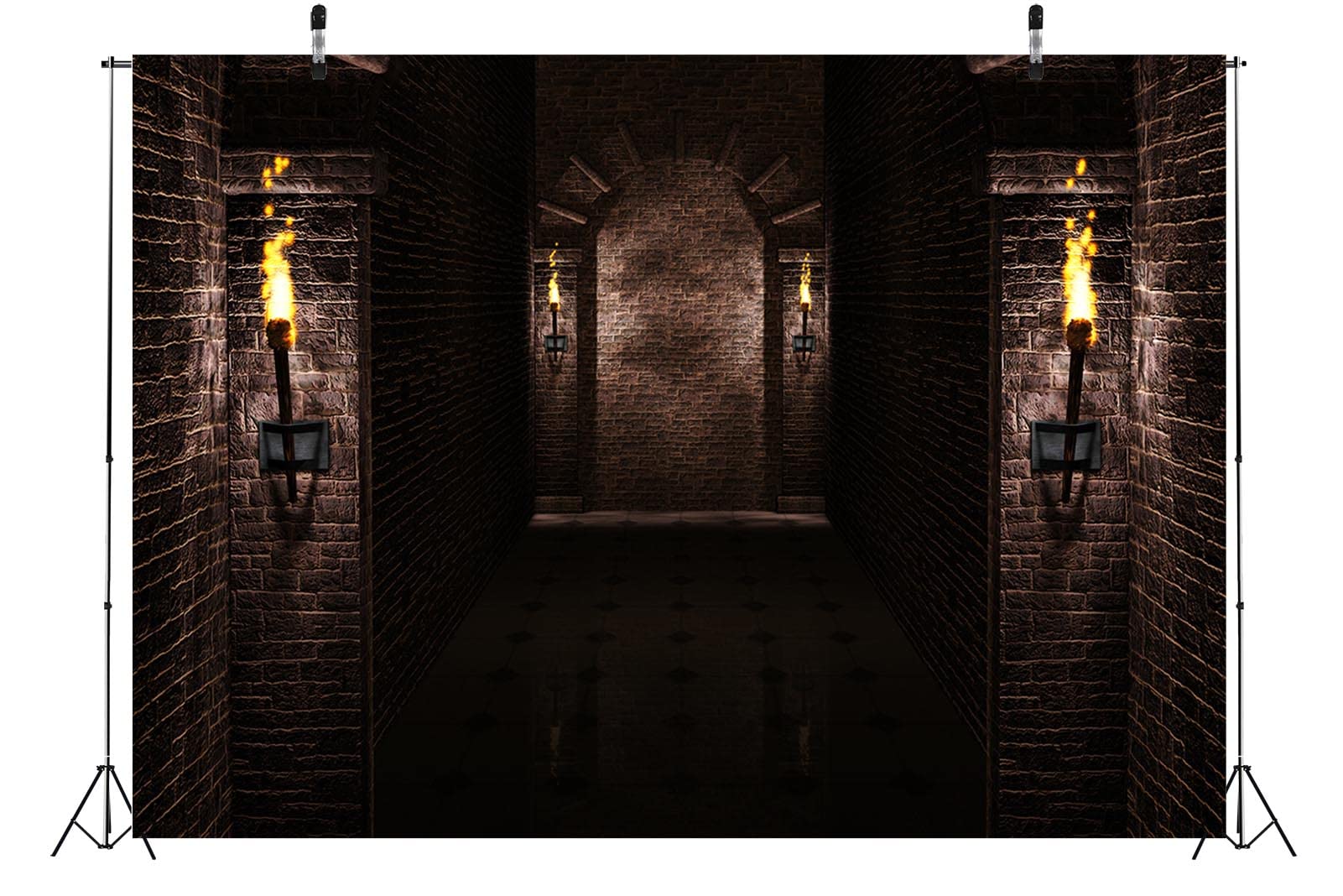 BELECO 3x2.5m Stoff-Hintergrund für gotische Burg,alte Schwarze Ziegelsteinmauer,Bögen,Fackeln,Kerker,mittelalterliche Burgszene,Halloween-Nacht-Hintergrund,mittelalterliche Party-Dekorationen