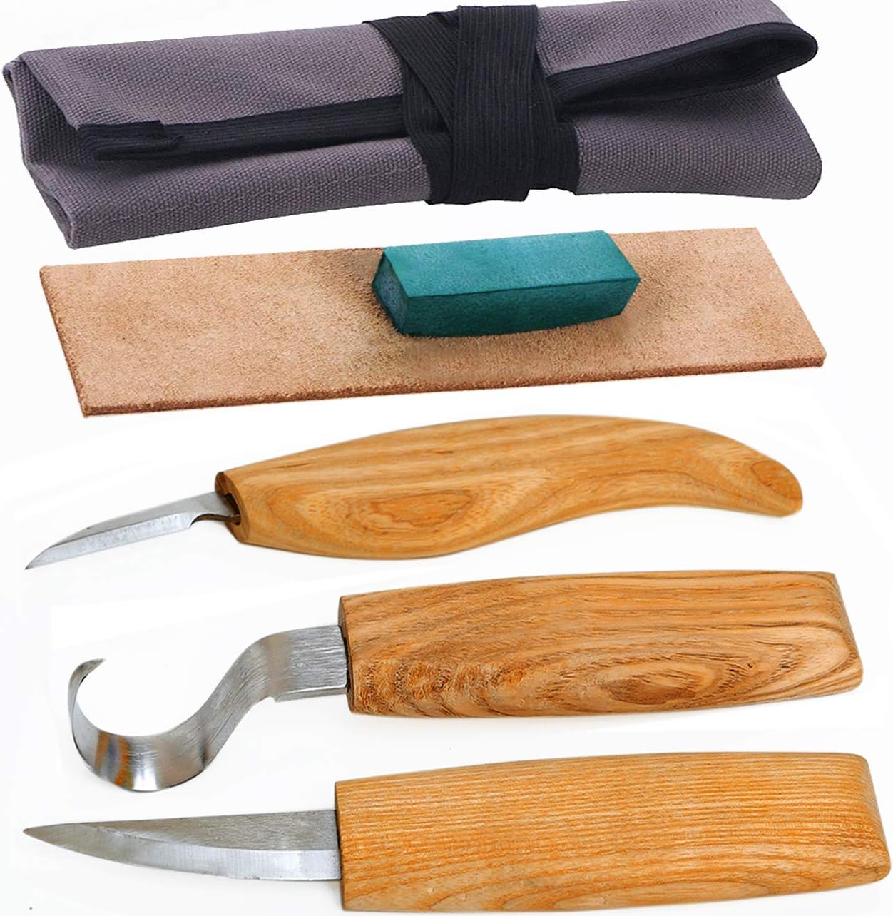 DUGATO Wood Carving Tools Set for Spoon Carving 3 Knives in Tools Roll Leather Strop and Polishing Compound Hook Sloyd Detail Knife (5pcs)