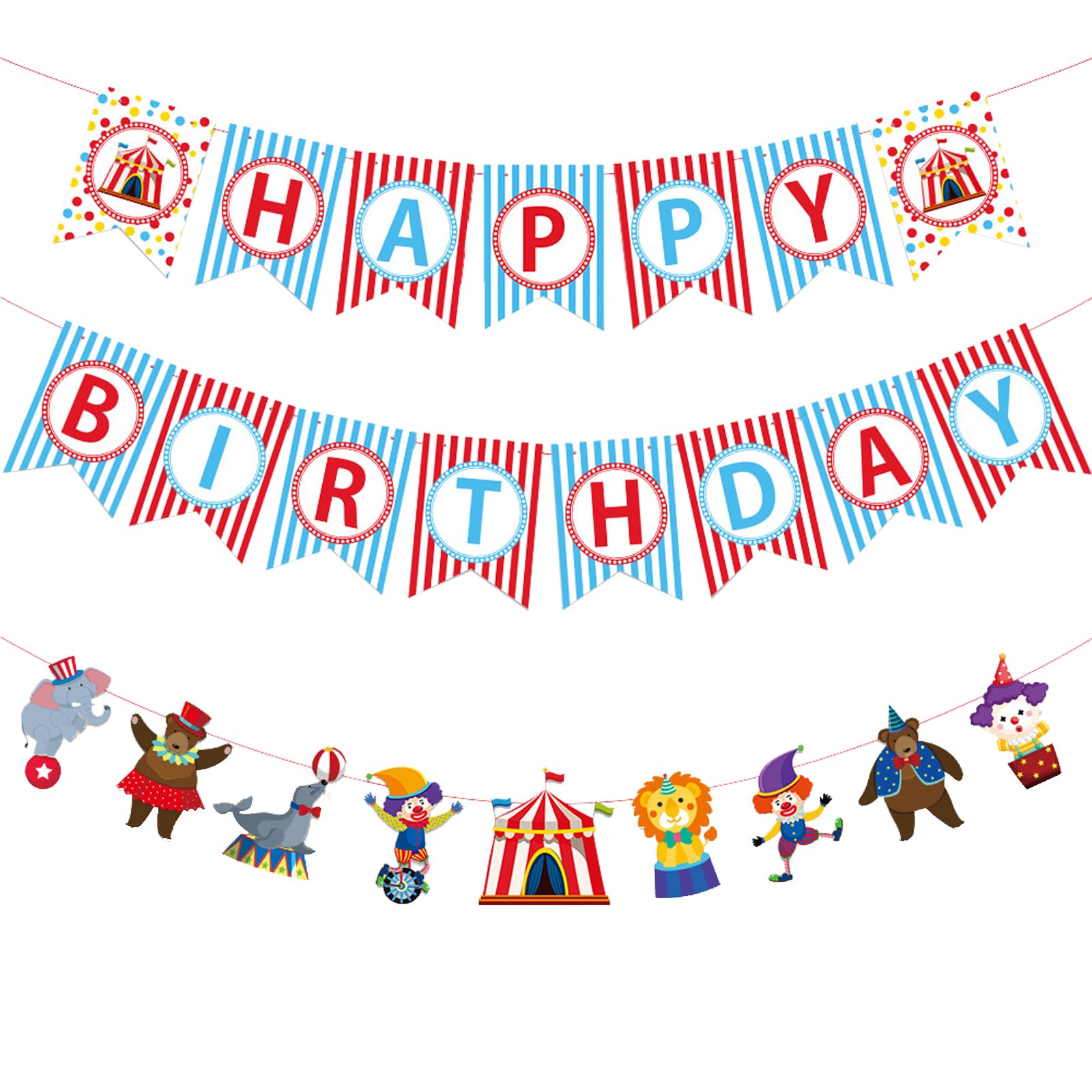 Zwiebeco Circus Happy Birthday Party Decoration Banner Hanging Colorful Paper Amusement Park Theme Bunting Sign for Boys Girls Babys Kids Funfair
