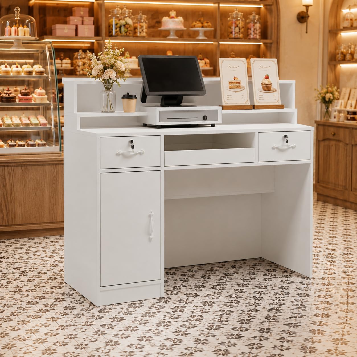Banco di reception, banco di reception, banco di vendita, sala reception, sala di accoglienza, bancone da ufficio, con grande superficie di lavoro, bianco, legno, 100 cm x 120 cm x 50 cm