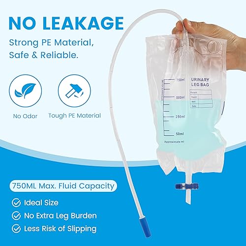 Miniatura 3 de Paquete de 6 bolsas para catéter, bolsa de drenaje urinario fácil de tocar, 2 correas elásticas ajustables, 32 onzas con 3 tubos de 18 pulgadas,