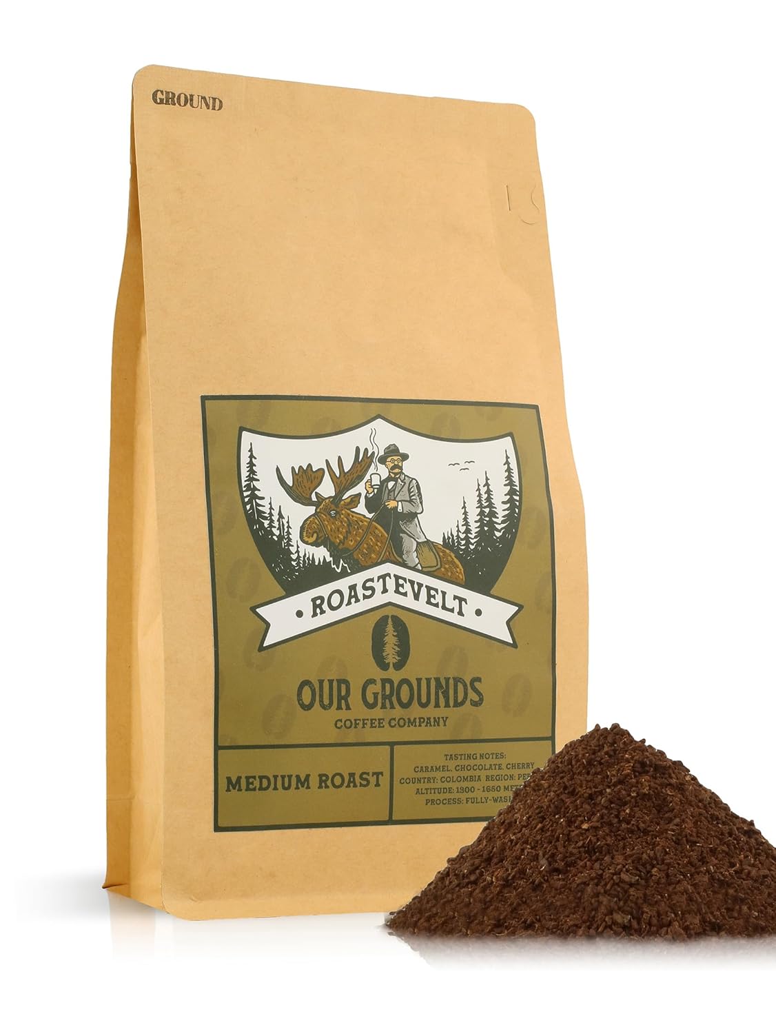 Our Grounds Coffee Roastevelt - Ground Medium Roast (100% Arabica Colombian Coffee) Non GMO- Low Acid- Single Origin - 12oz