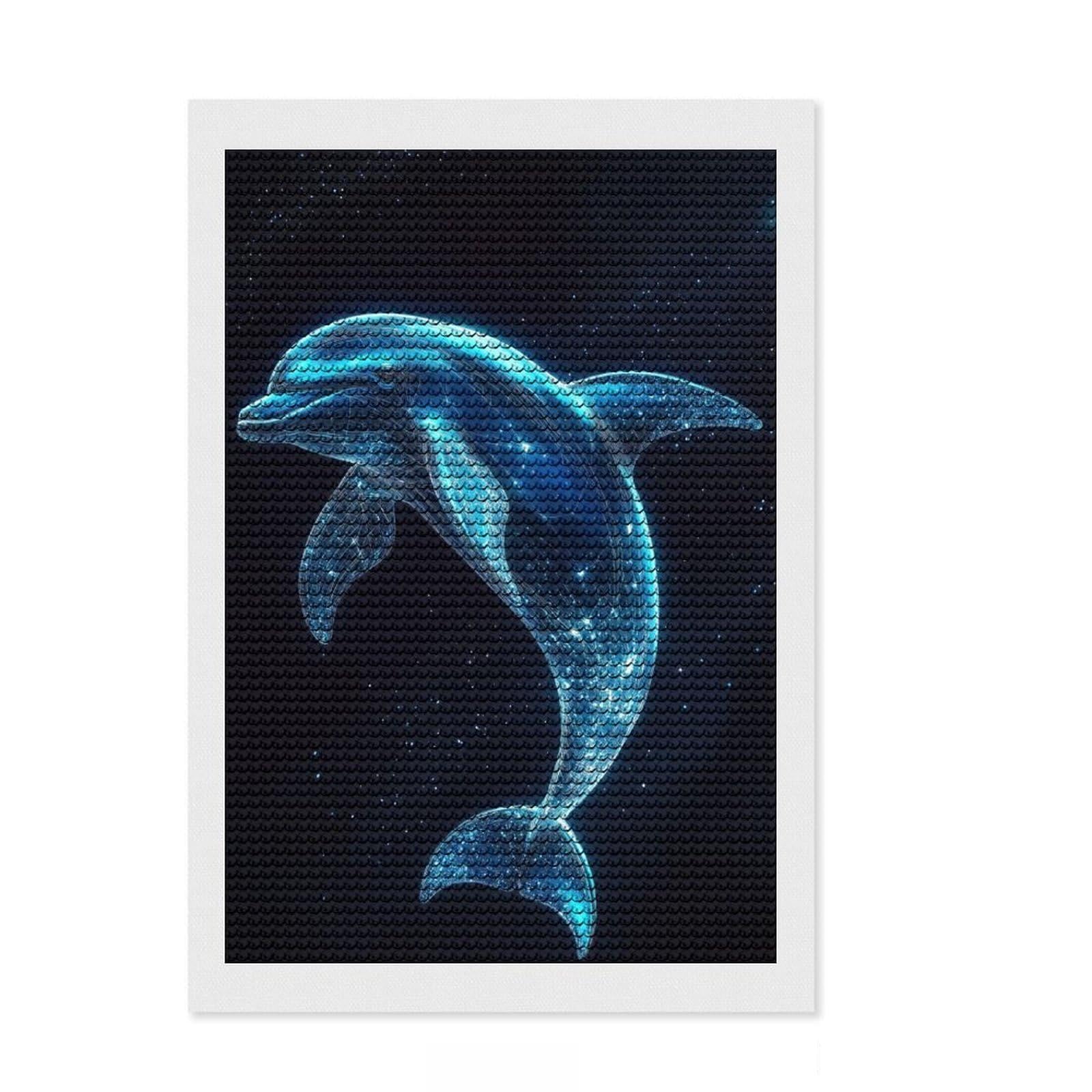 Junmoney Algorithmic Cosmic Dolphin Round Drill Diamond Painting 8"x12", Festive Craft Gift, for Craft Lovers, Adhesive Canvas, Living Room Decor