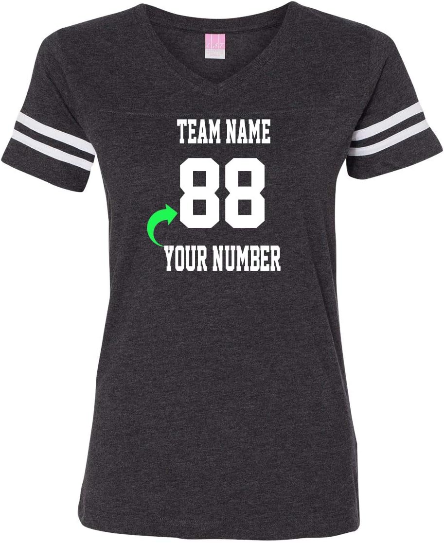 Custom V Neck Jersey Tee Shirt for Women – Personalized Ladies Striped Sleeve T-Shirt with Your Name and Number, Varsity