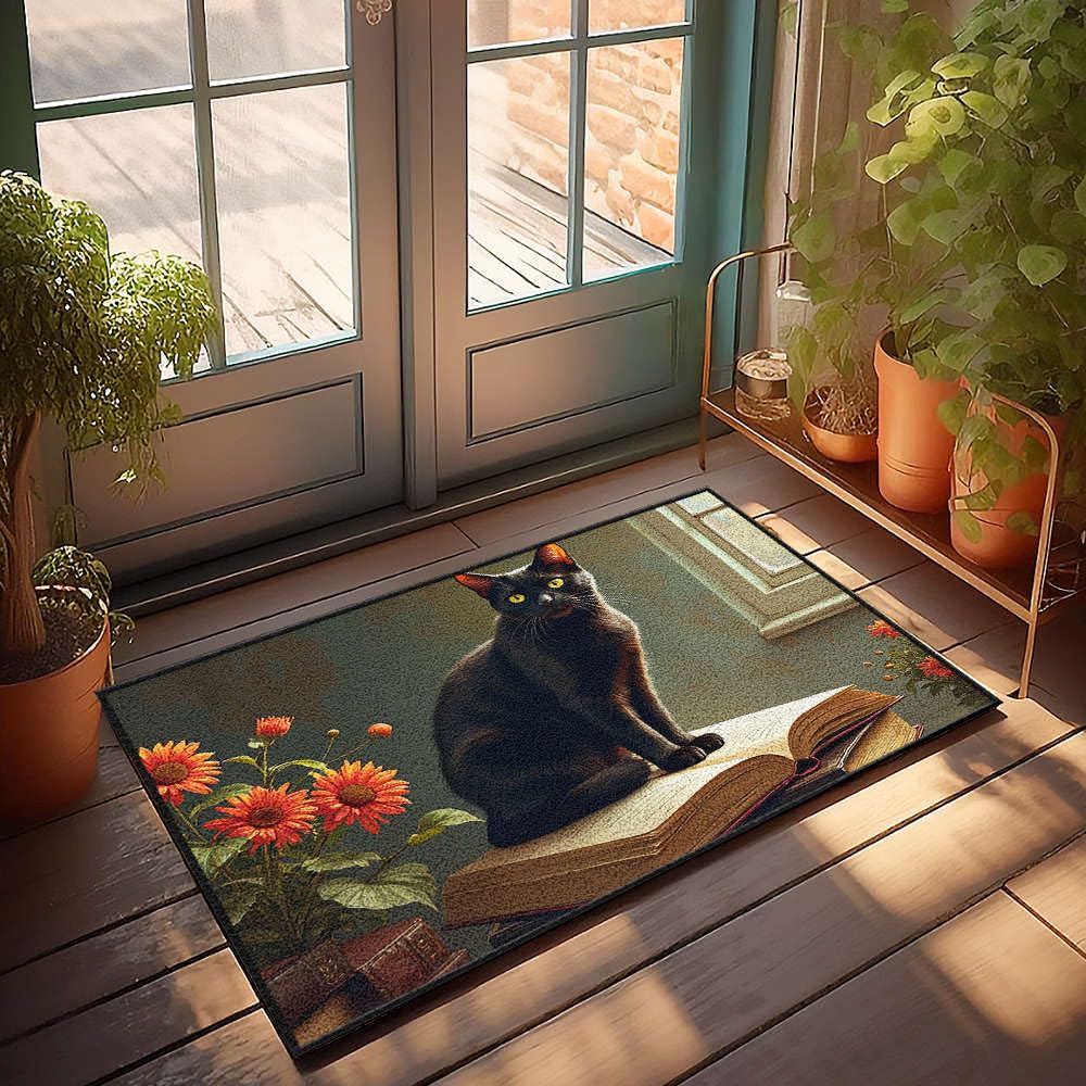 Paillasson d'extérieur décoratif grand chat noir cadeau original pour amateur de lecture