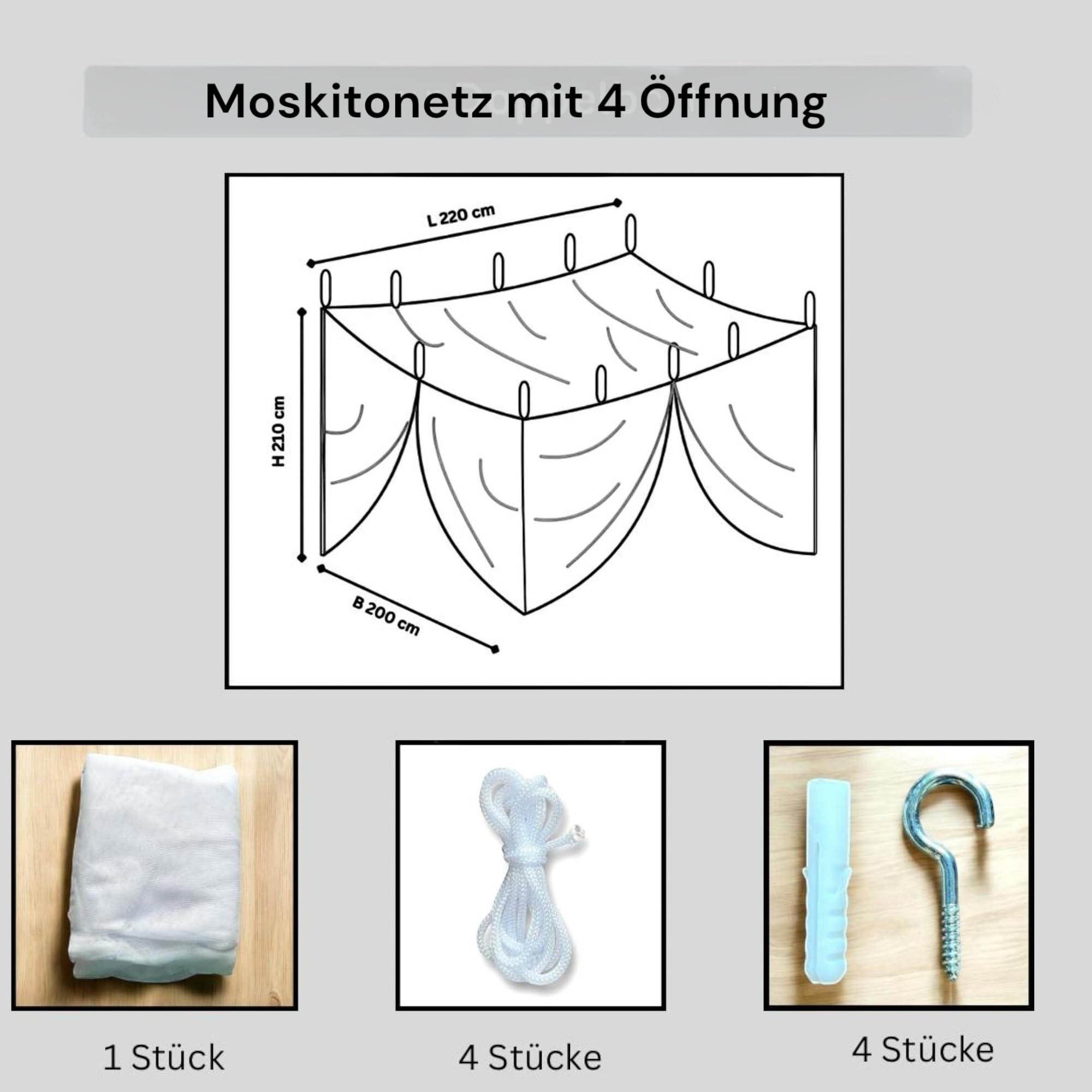 Letto a baldacchino con zanzariera, quadrato, 220 x 200 x 210 cm, con gancio, tassello, borsa da viaggio, per letto matrimoniale e singolo, zanzariera per viaggi e casa