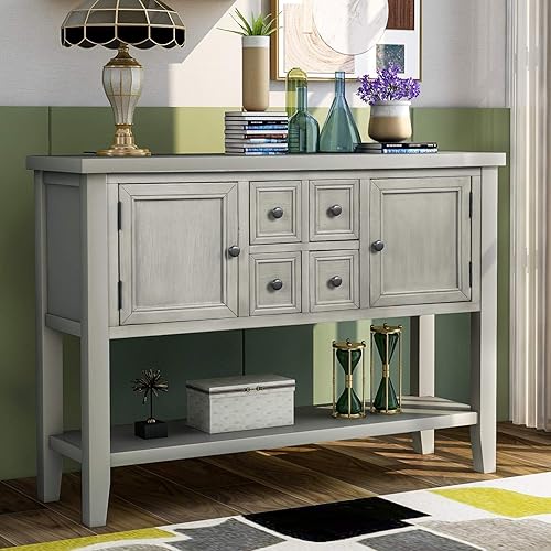 Merax Console Sofa Table Sideboard with Storage Drawers Cabinets and Bottom Shelf for Living Room, Kitchen, Entryway/Hallway, Antique Gray