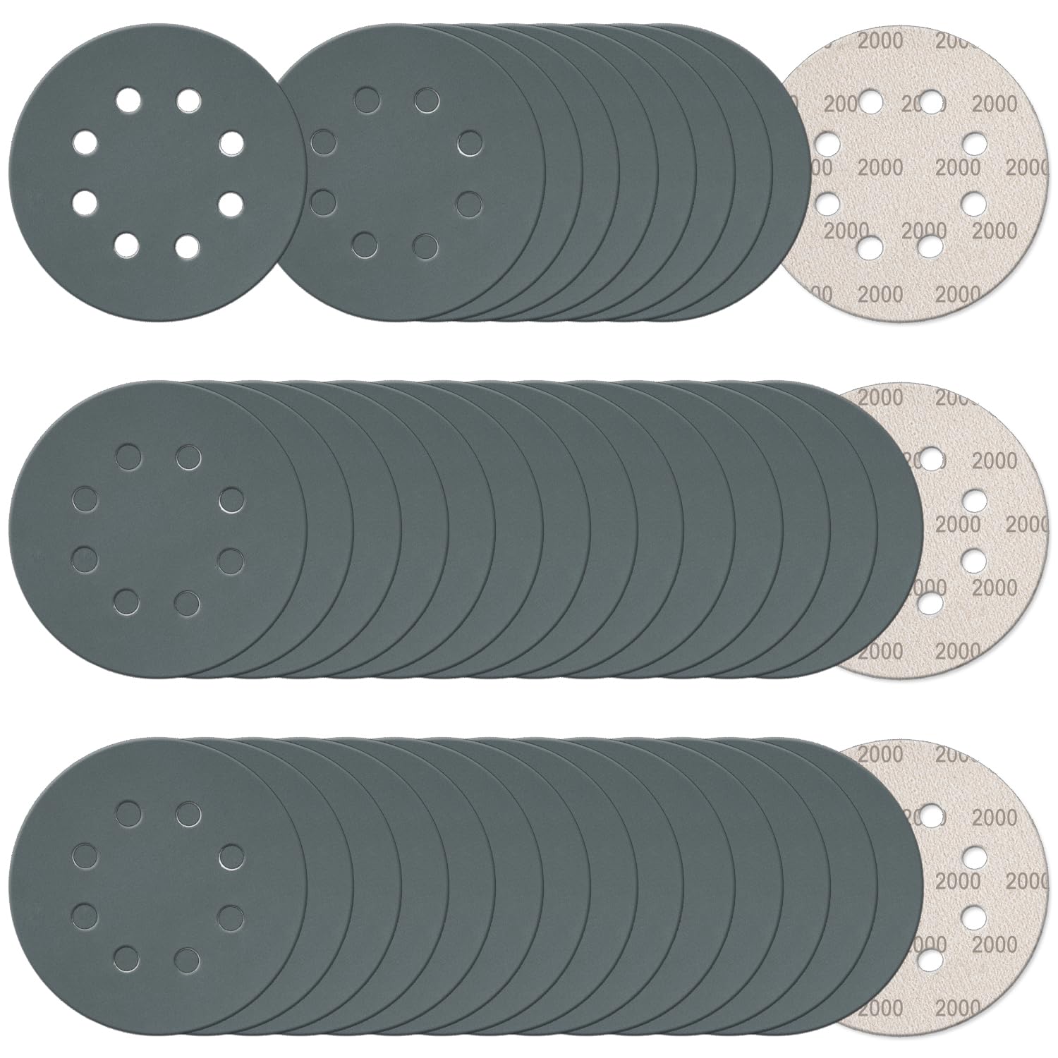 100 dischi abrasivi da 12,7 cm, con 8 fori, per levigatrice orbitale, per levigatrice orbitale, lucidatura di legno, plastica, metallo (100 pezzi, grana 2000)