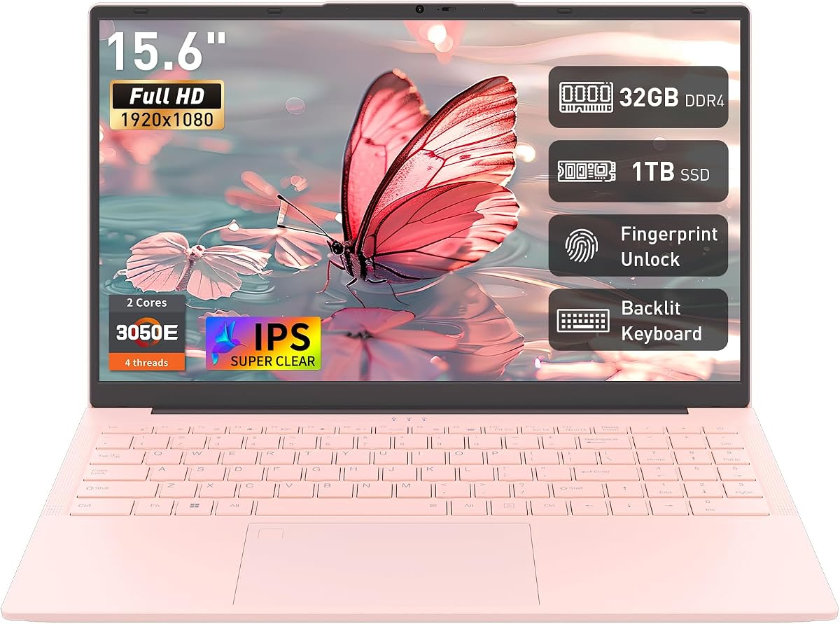 Auusda 15.6" FHD Laptop, 32GB RAM + 1TB SSD, WiFi 5/ USB 3.0/ Full USB-C/HDMI, Dual Core 4T Processor, Win 11 Pro, IPS Thin and Light Computer Notebook for Work, Study and Entertainment, Pink