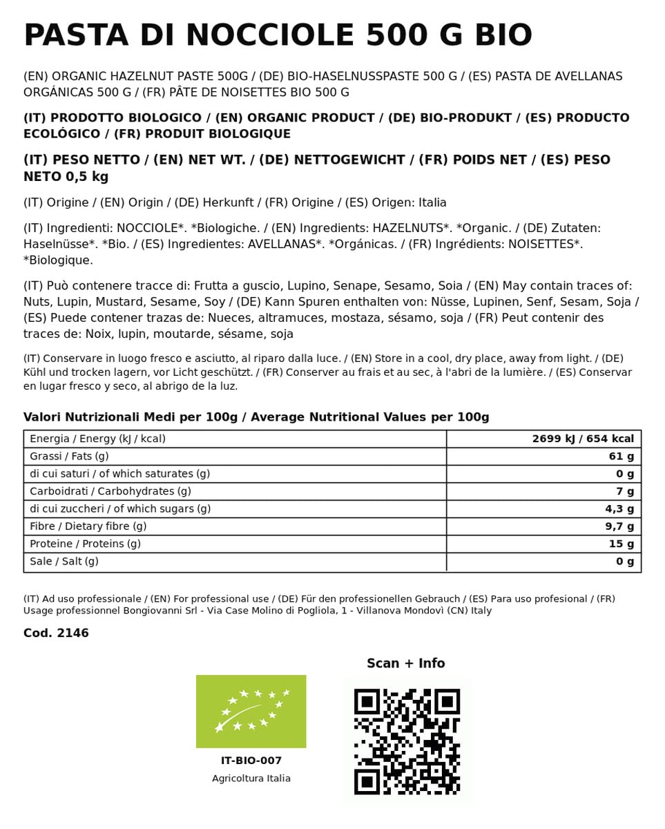 Bongiovanni Bontà Naturali Pâte de Noisettes 500 g BIO