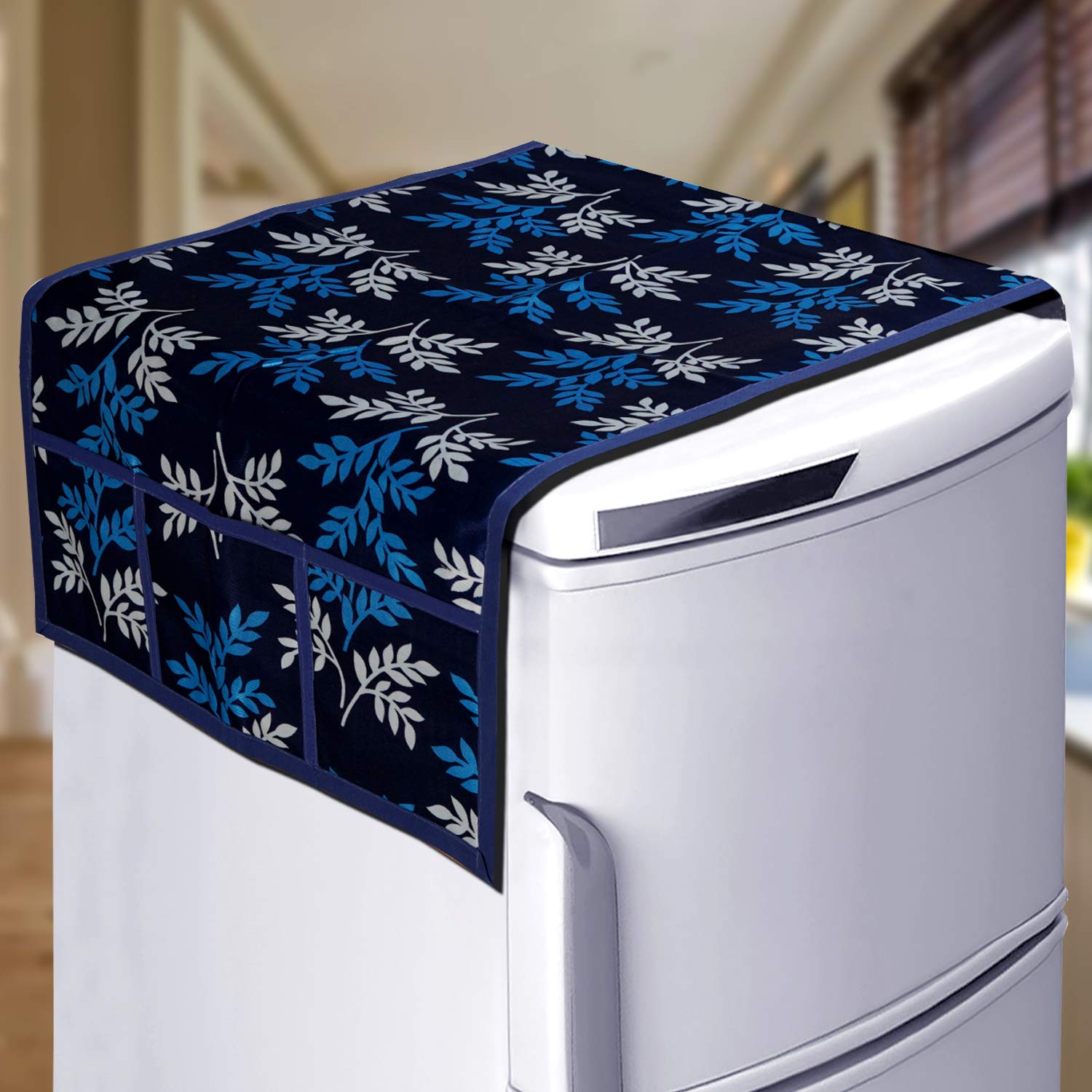 KANUSHI Industries® Fridge Covers/Refrigerator Cover (Color- Blue)(VAR-FRI-SMALL-LEAVES-BLUE-01) (FRI-SMALL-LEAVES-BLUE-01)