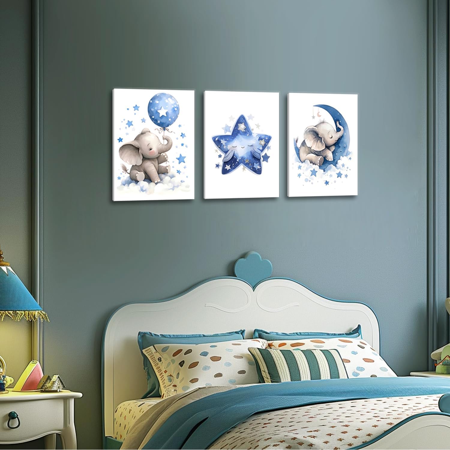 HNNXAR Elephant Nursery Wall Decor,Blue Moon And Stars Picture Painting,Baby Girl Room Decor,Nursery Canvas Wall Art,Cute Animal Poster Prints Set of 3 For Baby Girls Boy Bedroom 16x24 Framed 16"x24" Wrapped Canvas Blue Elephant