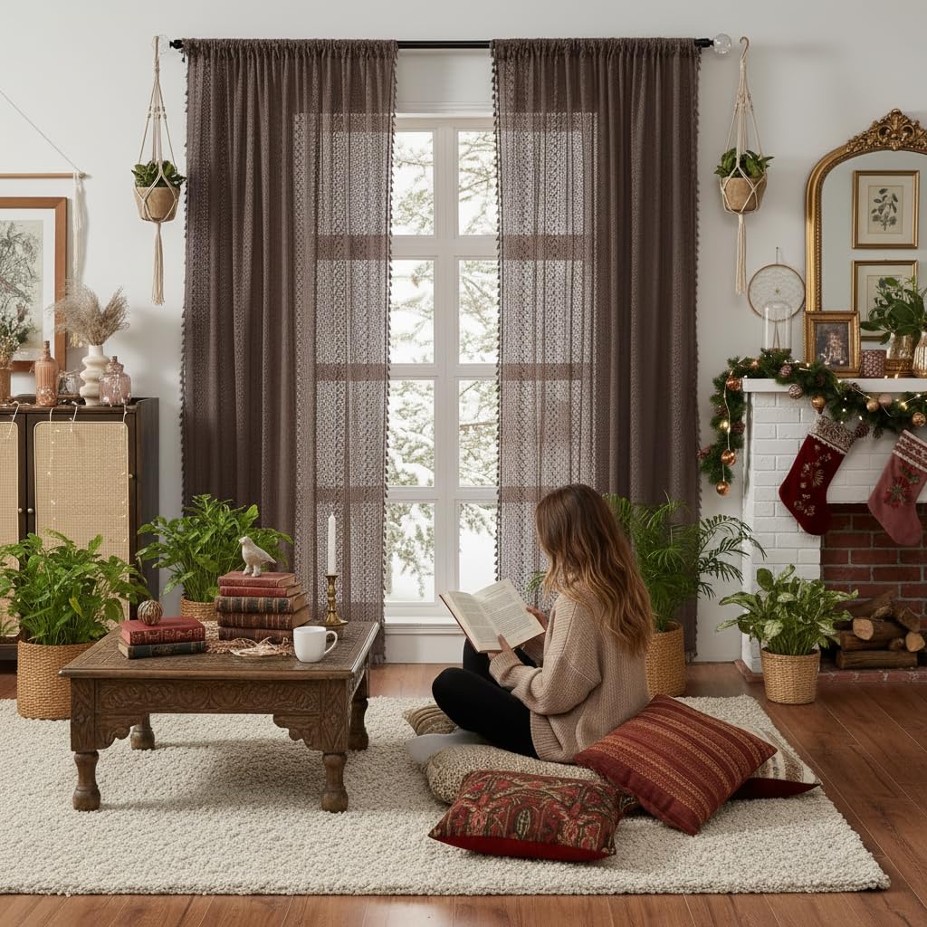 WAZZIO Cotton Sheer Brown Curtains 84 Inch Length 2 Panels Rod Pocket Tassel Boho Crochet Lace Light Blue Bedroom Living Room See Through Privacy for Boys Room