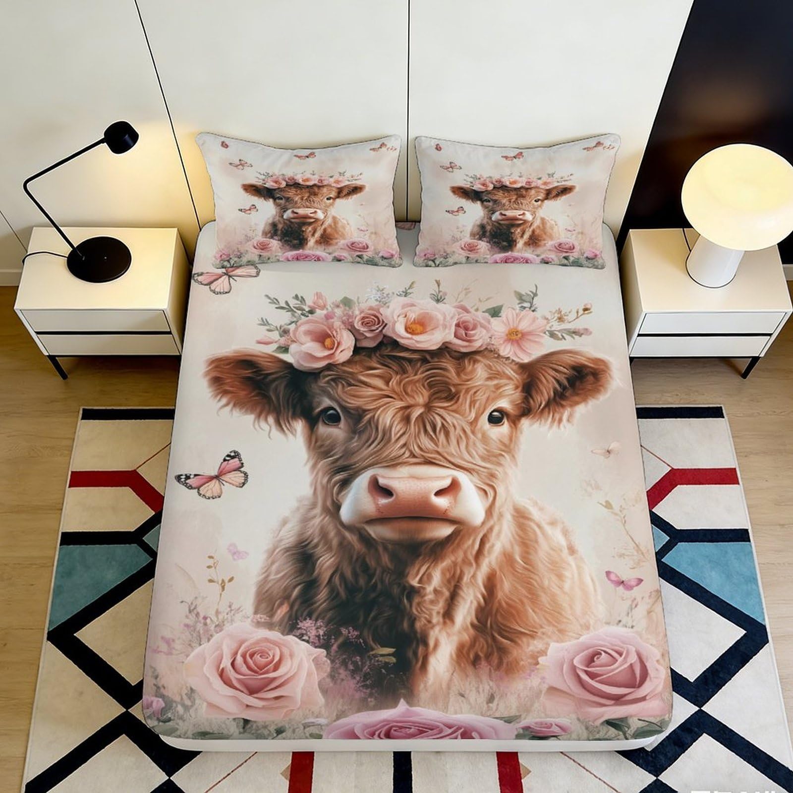 Decorative Cow Fitted Sheet 3D Printed, Soft Touch Microfiber Bed Cover for Bedroom or Guest Room, Wrinkle Resistant, Easy Care, Apartment Bedding, Stylish Design, 115 characters 90x200x25cm