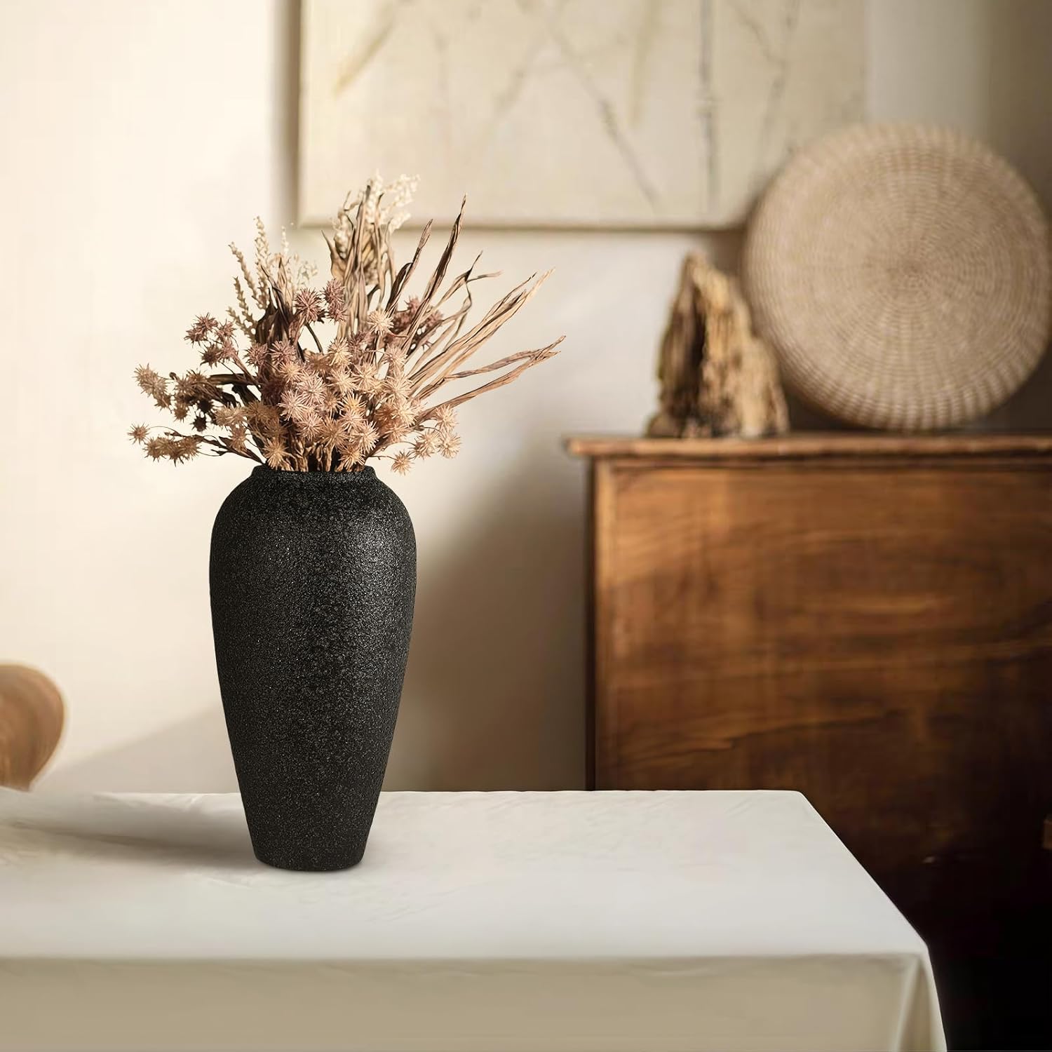 Large Rustic Ceramic Floor Vase, 13.4 Inch Black Tall Pottery Farmhouse Home Decor Vase for Living Room Entryway Table Centerpiece Decor,Boho Clay Terracotta Vases for Wedding Housewarming Gift
