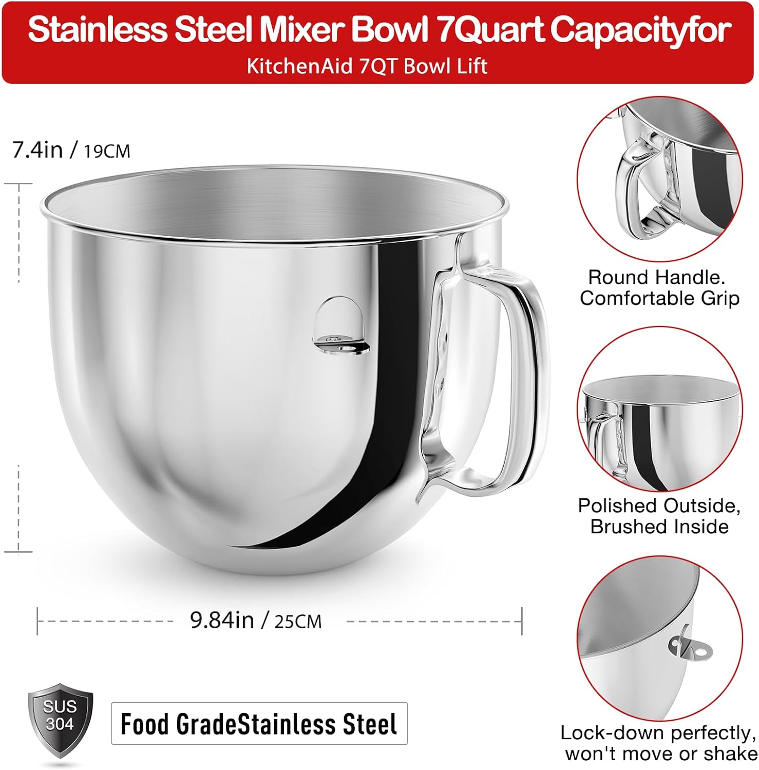 7QT Stainless Steel Mixer Bowl for Kitchenaid Stand Mixers, Kitchen Aid Mixing Bowl for 7QT Lift Mixer with Handle