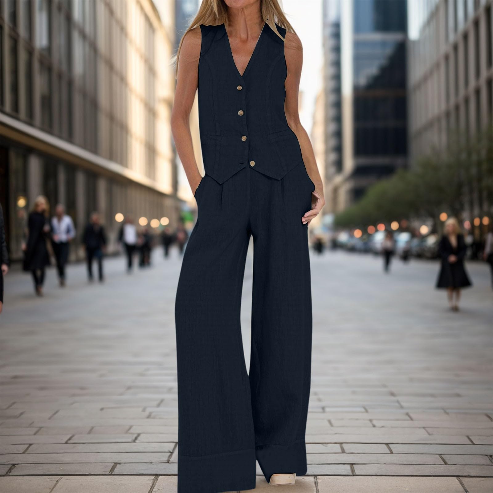 2-teiliges Freizeit-Outfit Baumwolle für Damen, ärmellose Weste mit Knopfleiste, gerade geschnittene Hose mit weitem Bein Taschen Jumpsuit Hochzeit Braut Damen Sommer Outfit