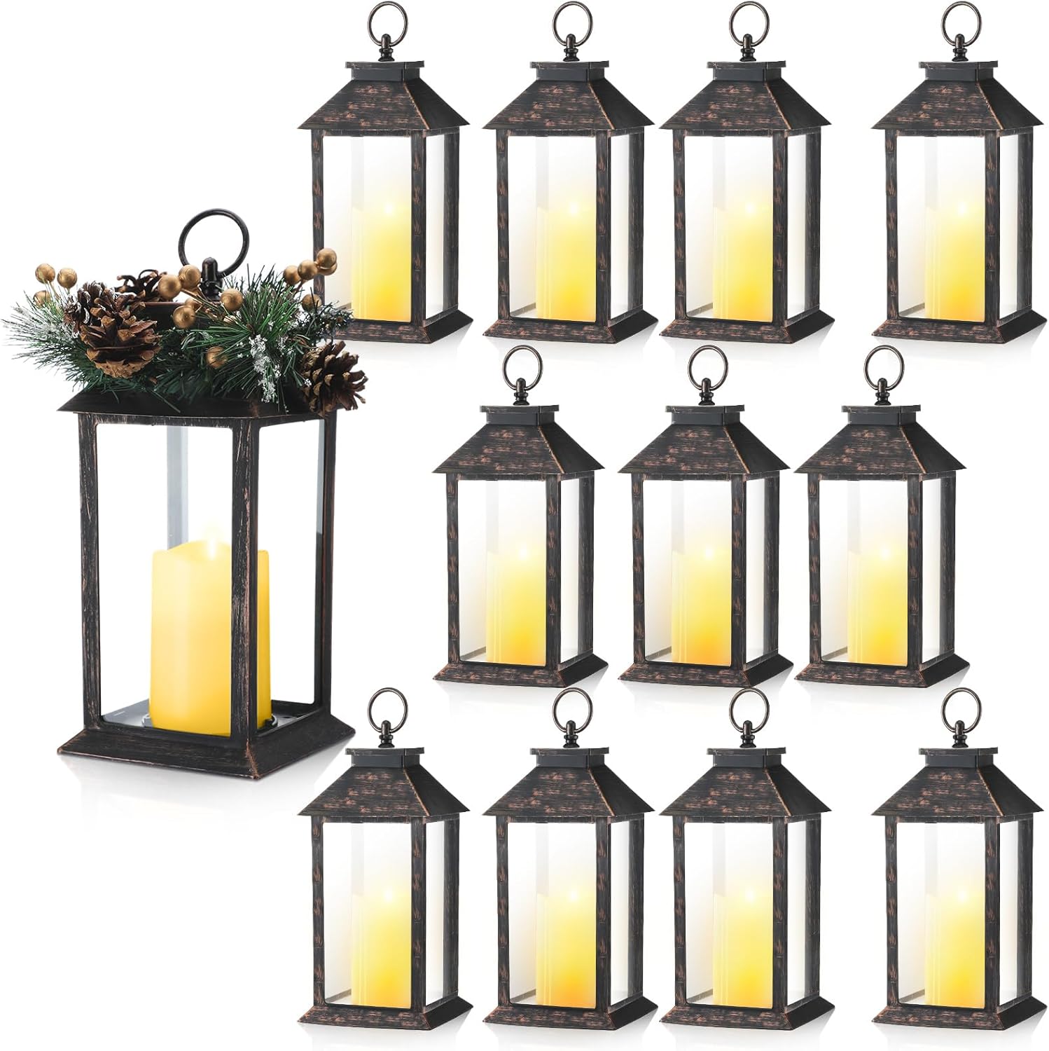 12 pcs 13" wedding lanterns led hanging lights lanterns led vintage decorative lantern rustic farmhouse home decor lantern table centerpiece for wedding, bridal shower, anniversary party (bronze)