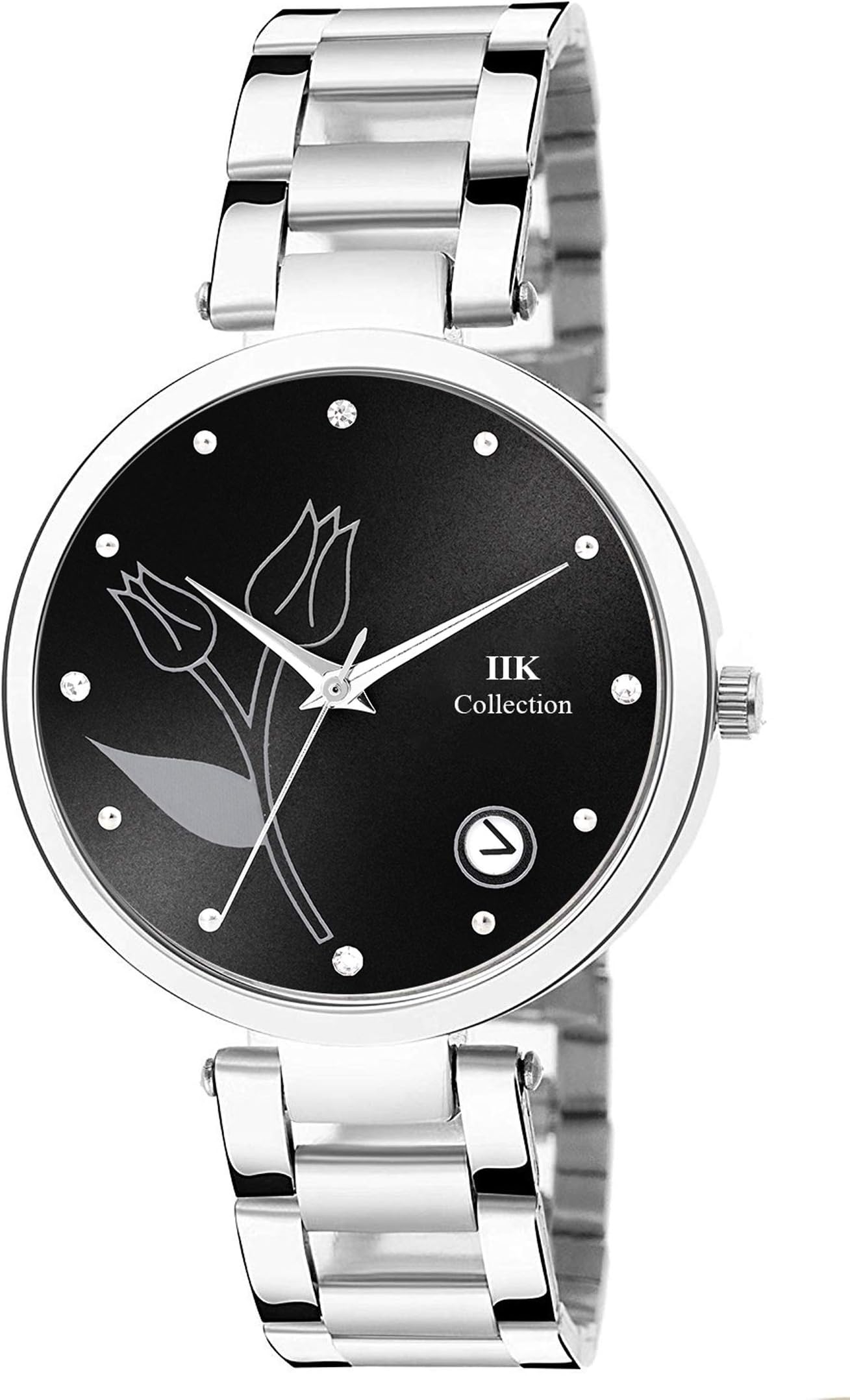 IIK COLLECTION Watches for Women Round Studded Dial |Analogue Quartz Movemnet Ladies Watch|Long Battery Life|Stainless Steel Adjustable Bracelet Chain Strap|Double Lock Clasp Safety Watches for Girls